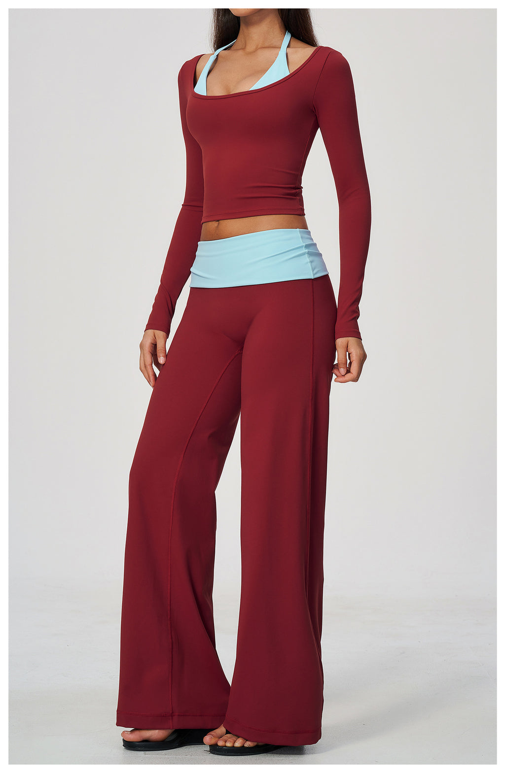 2 Piece Colorblock Double Strap Halter Long Sleeve Cropped Fitness Yoga Top and Foldover Waist High-Rise Loose Wide Leg Yoga Pants Set