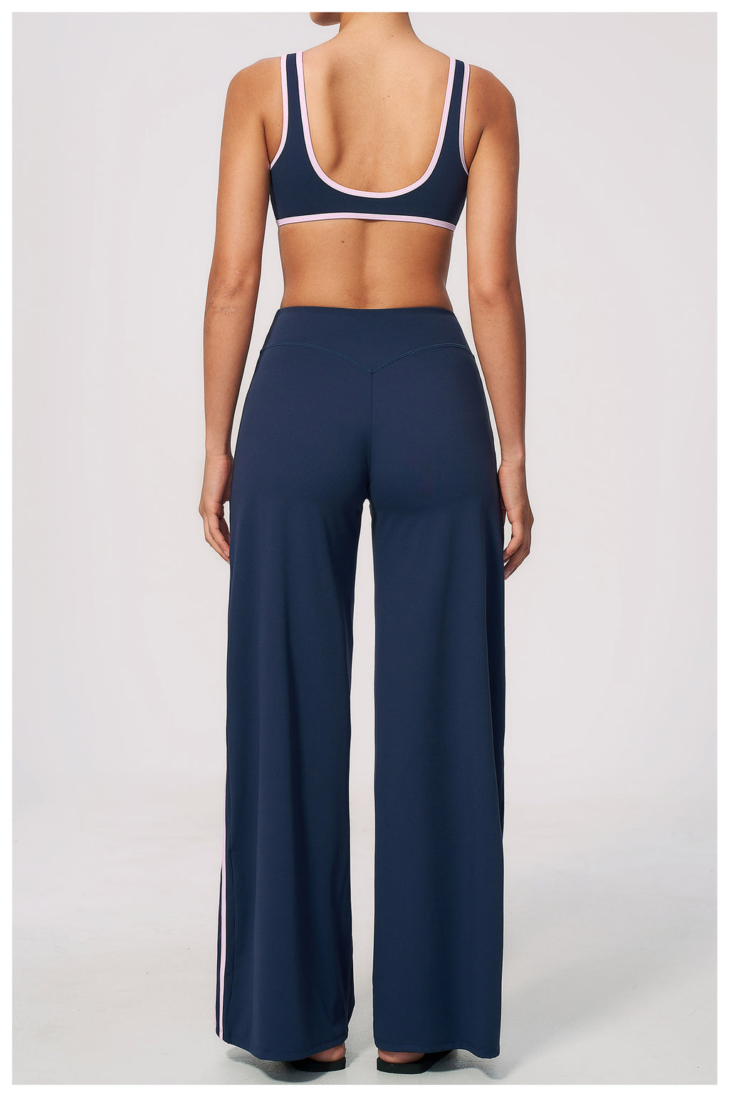 2 PCS Gym Set Women Contrast Color V Neck Backless Sports Bra and Contrast Side Stripe Fitness Sports Wide Leg Pants