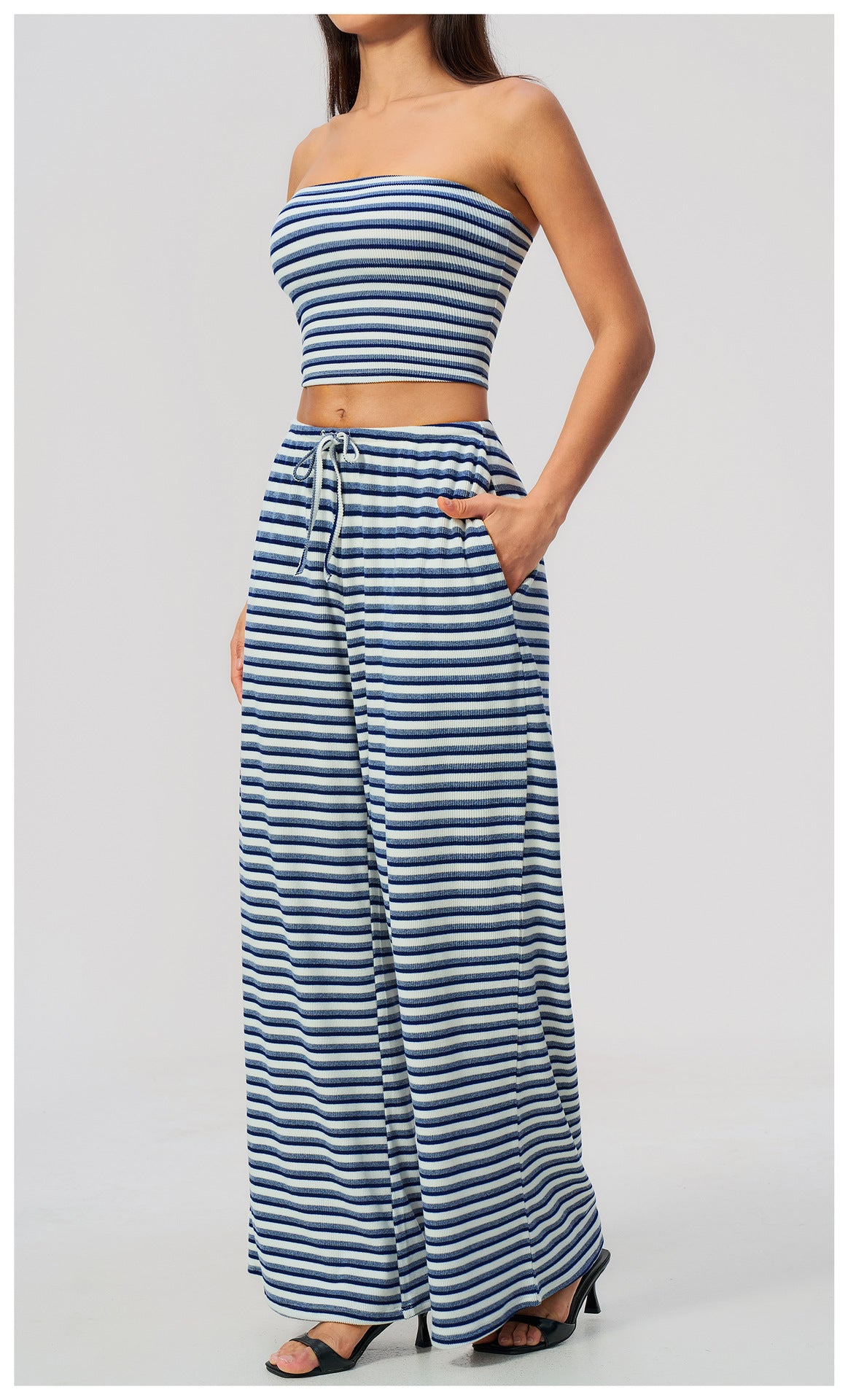 2 Piece Workout Loungewear Set Women Ribbed Striped Strapless Soft Tube Top and Elastic Drawstring Waist Wide Leg Pants with Pocket
