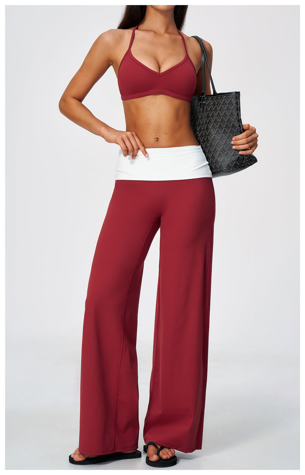 2 Piece Set Deep V-Neck Halter Thin Strap Backless Sports Bra and ColorBlock High Waisted Wide Leg Yoga Athletic Pants