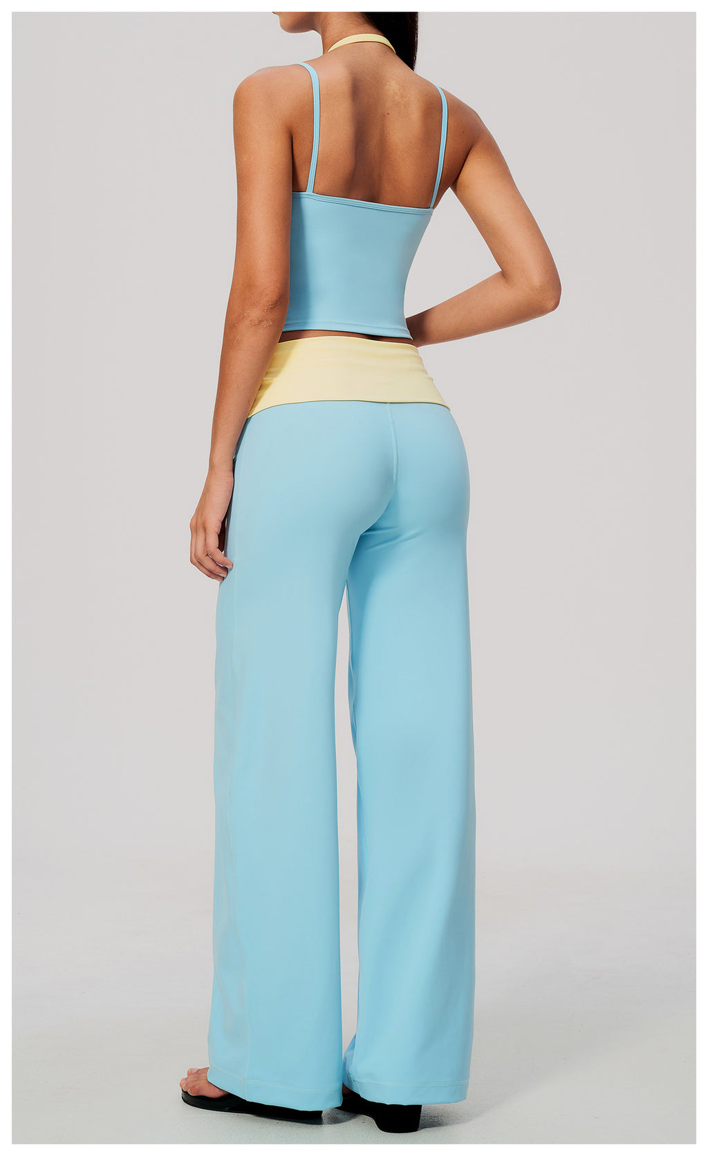 2 Piece Colorblock Double Strap Halter Yoga Vest and Foldover Waist High-Rise Loose Wide Leg Yoga Pants Set