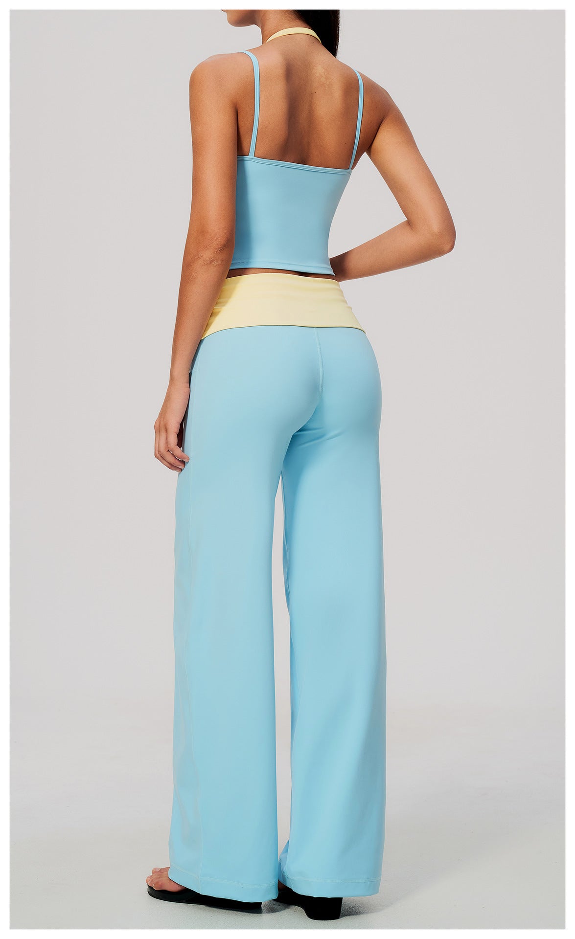 2 Piece Colorblock Double Strap Halter Yoga Vest and Foldover Waist High-Rise Loose Wide Leg Yoga Pants Set