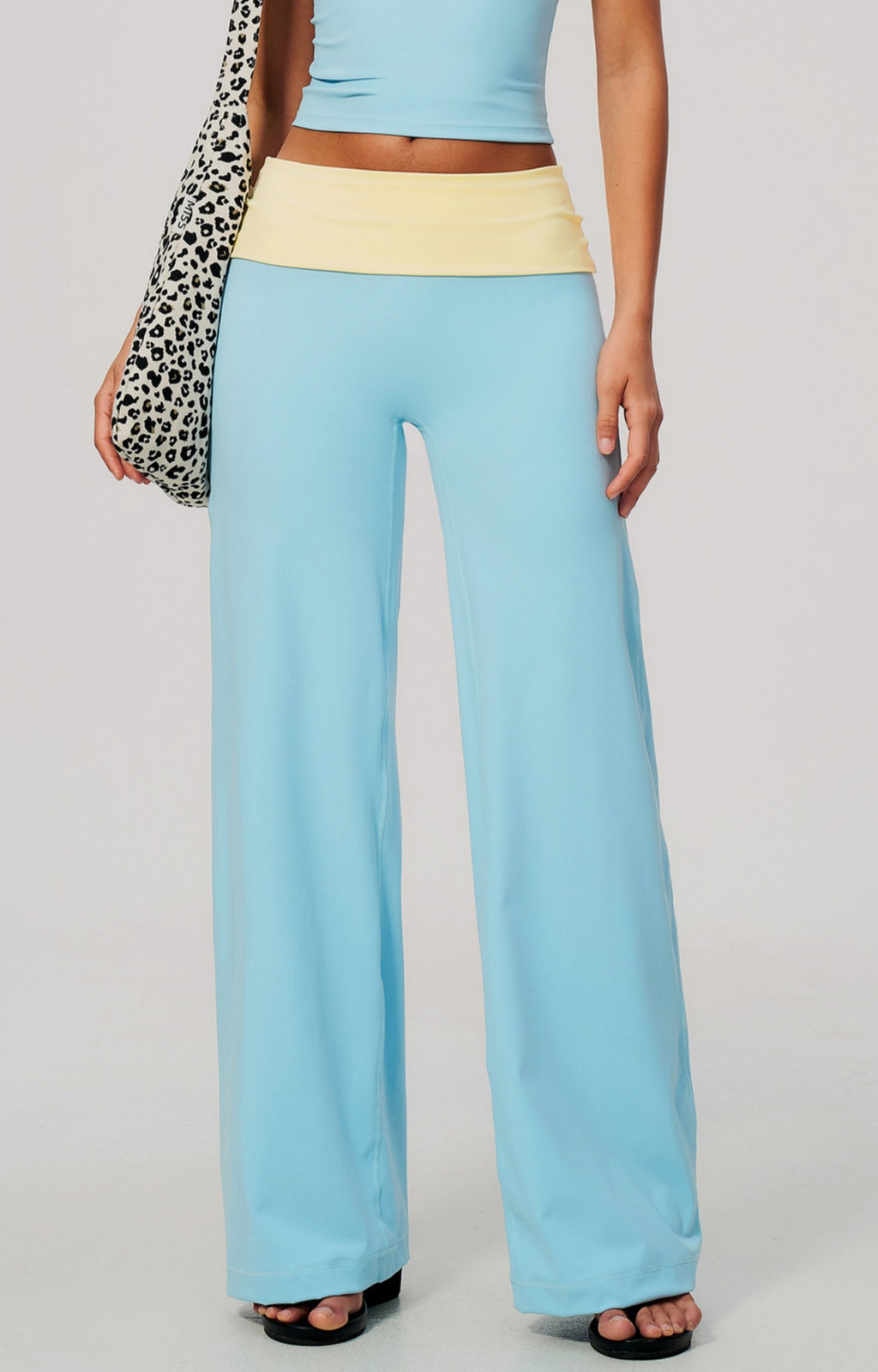 Women Colorblock Foldover Waist High-Rise Loose Wide Leg Yoga Pants