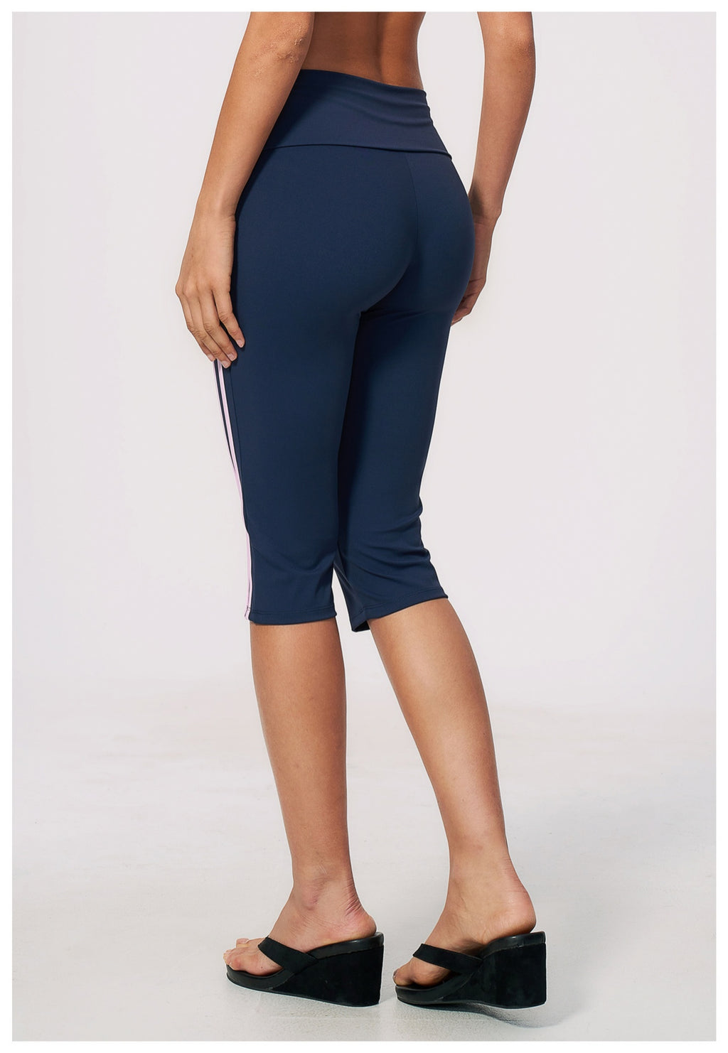 Women Fold Over Waist Contrast Side Stripe Capri Yoga Leggings