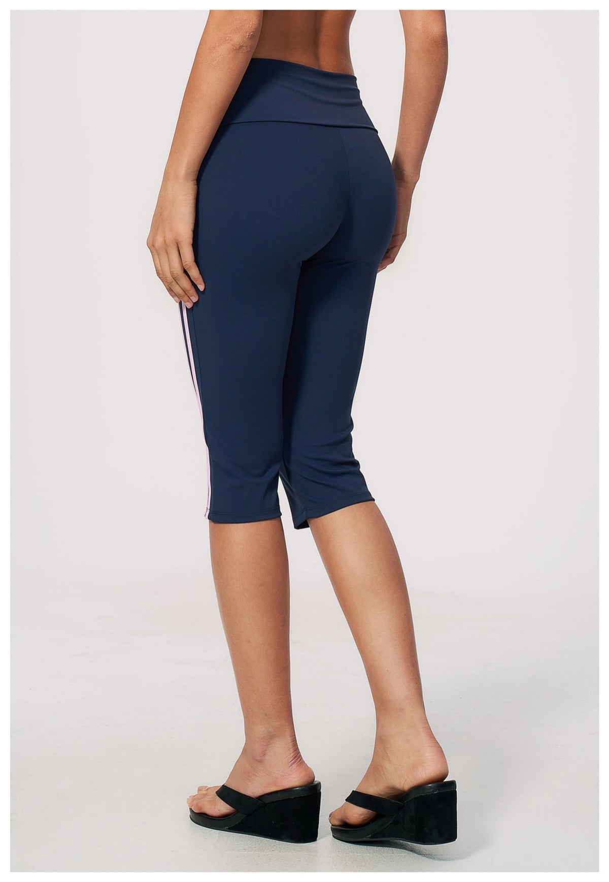 Women Fold Over Waist Contrast Side Stripe Capri Yoga Leggings
