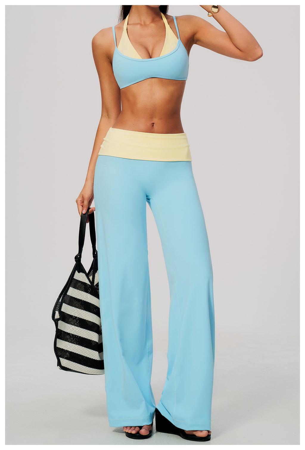 2 Piece Colorblock Double Strap Halter Sports Bra and Foldover Waist High-Rise Loose Wide Leg Yoga Pants Set