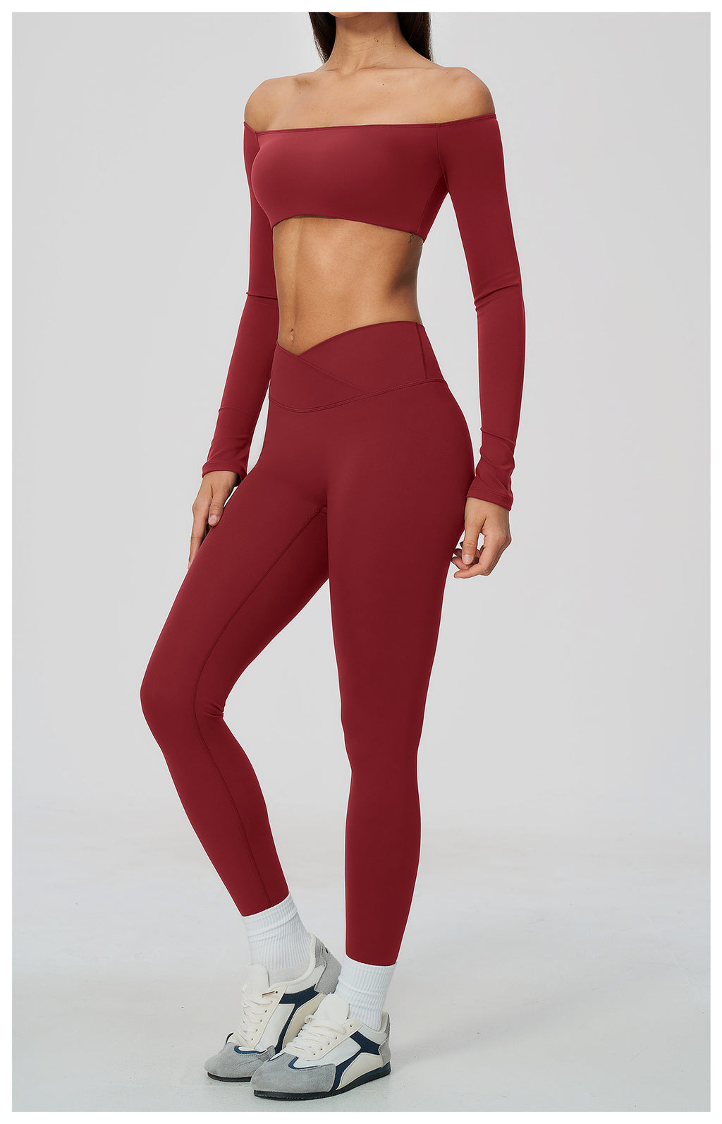 2 Piece Off-The-Shoulder Long Sleeve Crop Top and Cross Waist Yoga Leggings Set