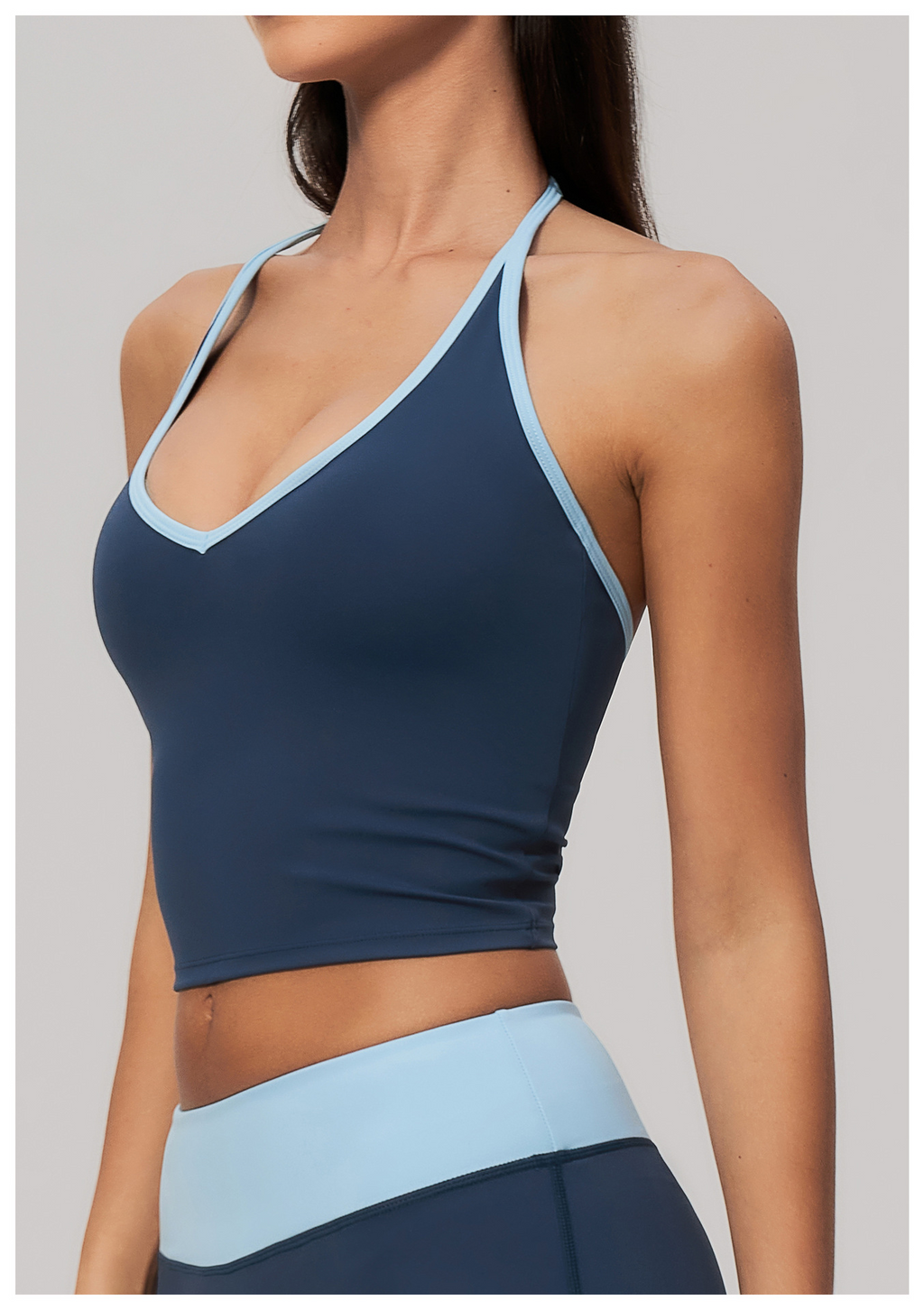 Women ColorBlock V Neck Halter Crop Yoga Tank Top Built in Bra