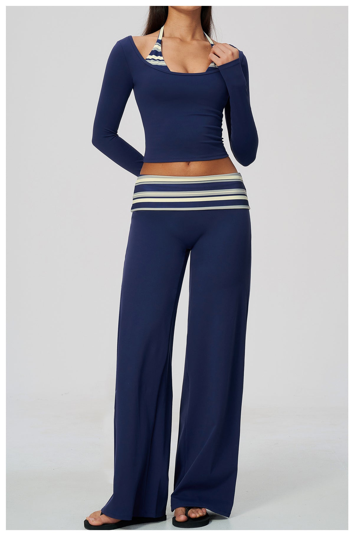 Women 2 Piece Yoga Set Halter Fake Two Piece Long Sleeve Yoga Top and Fold Over Striped Waist Wide Leg Workout Pants