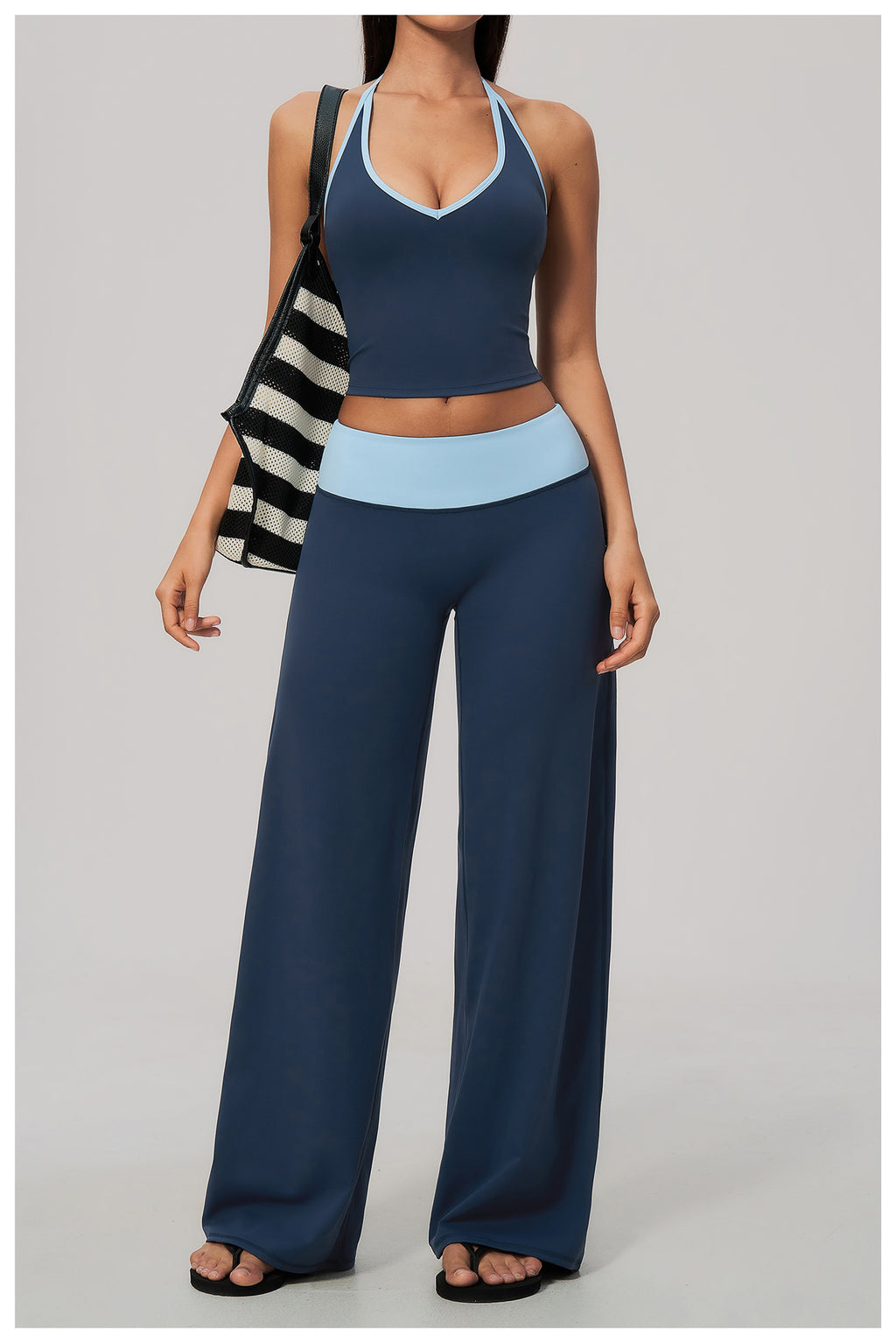 Women Two Piece Color Block Halter Yoga Set V Neck Crop Workout Top Wide Leg Yoga Pants