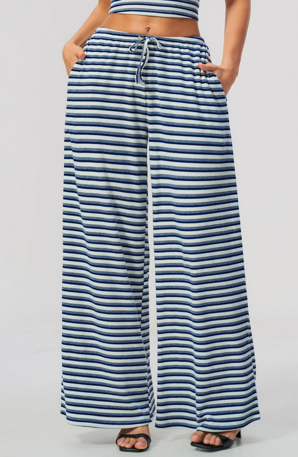 Women Ribbed Striped Wide Leg Pants Elastic Drawstring Waist Casual Loose Trousers With Pockets