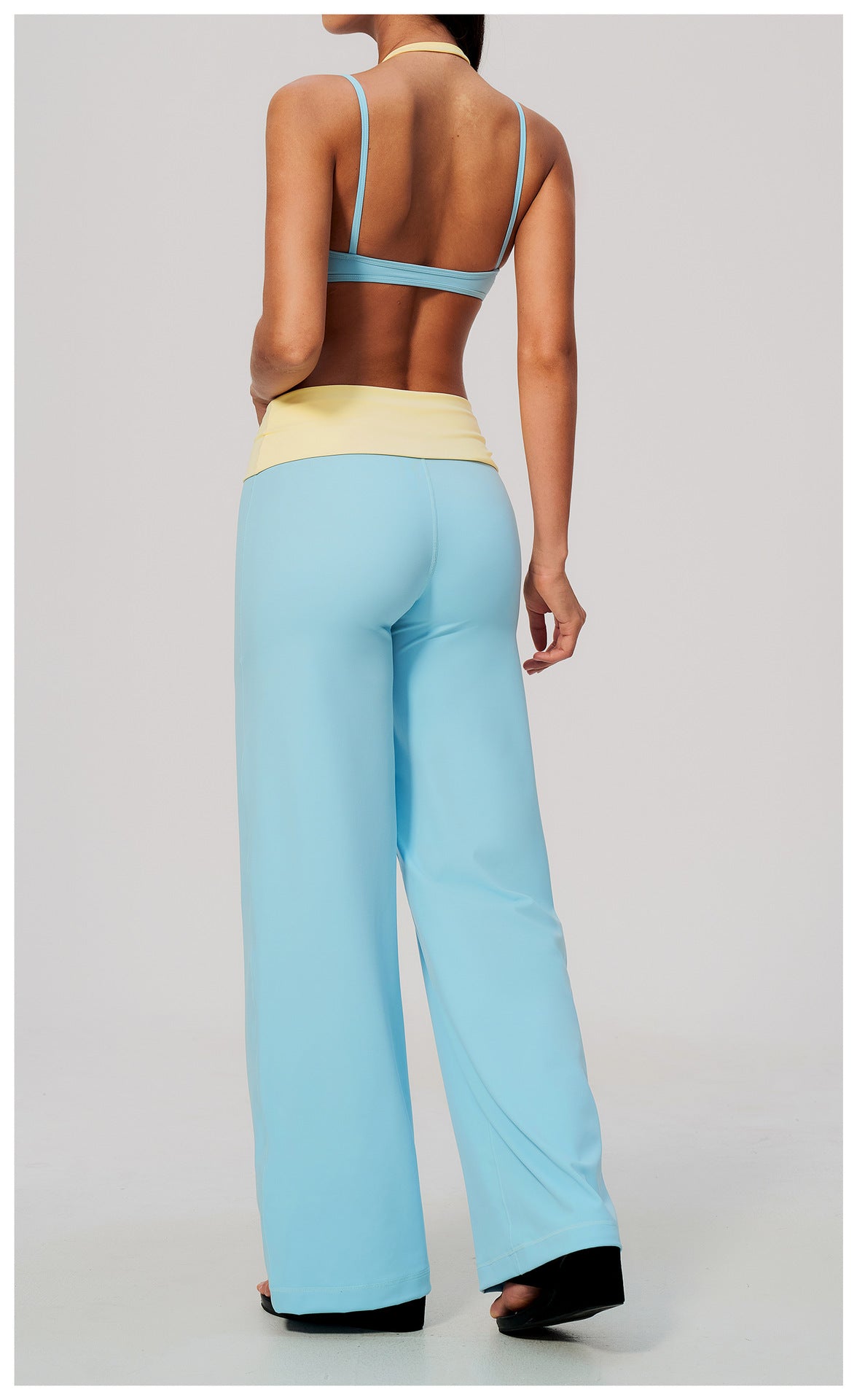 2 Piece Colorblock Double Strap Halter Sports Bra and Foldover Waist High-Rise Loose Wide Leg Yoga Pants Set