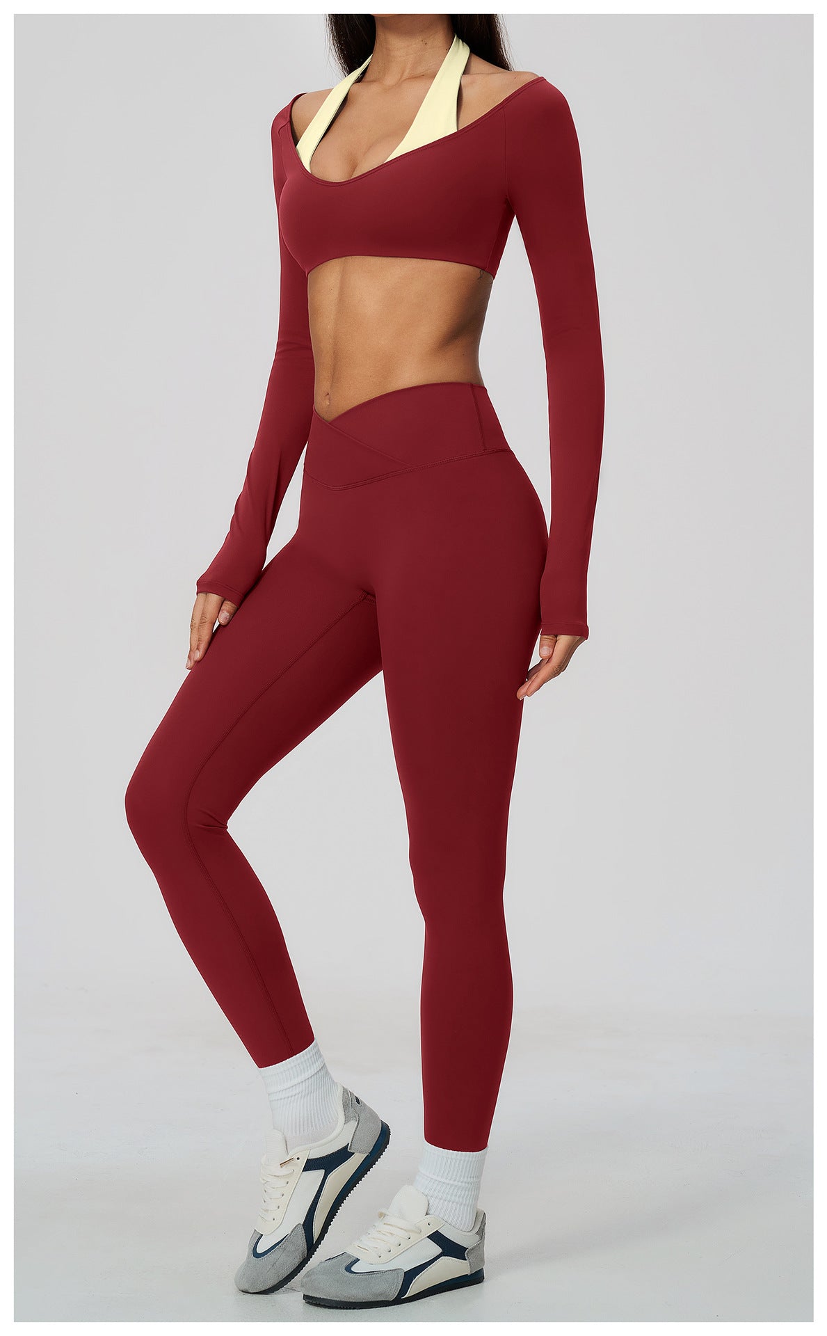 2 Piece Colorblock Halter Long Sleeve Cropped Yoga Top and Cross Waist Yoga Leggings Set