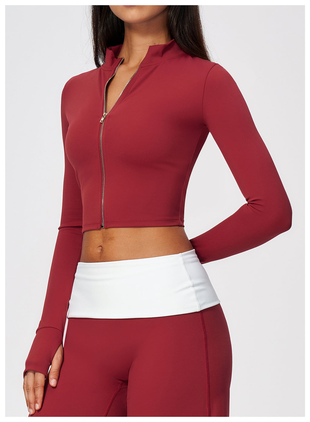 Women Stand Collar Full Zip Cropped Running Yoga Workout Jacket with Thumb Holes