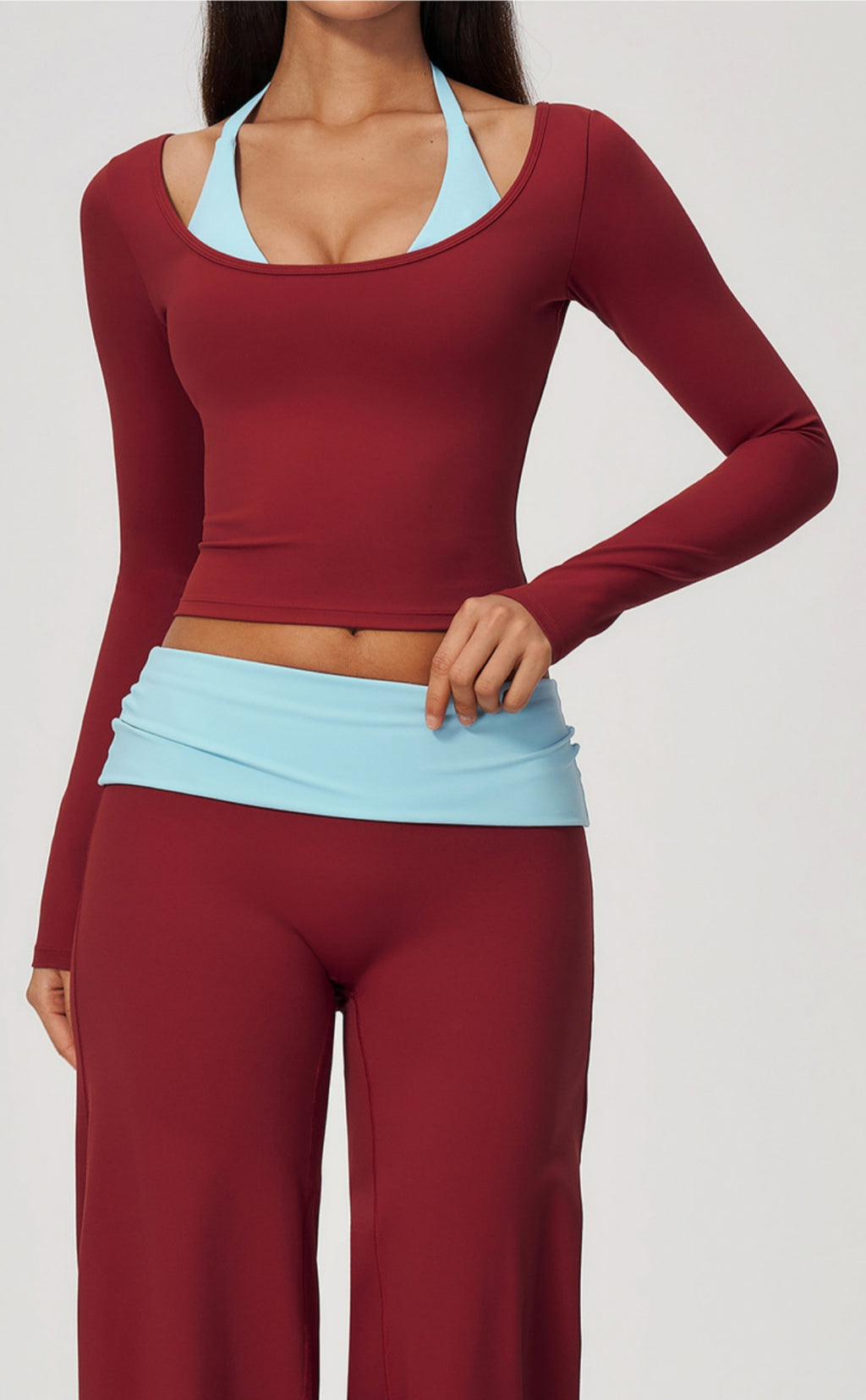 Women Colorblock Double Strap Halter Long Sleeve Cropped Fitness Yoga Top with Chest Pads