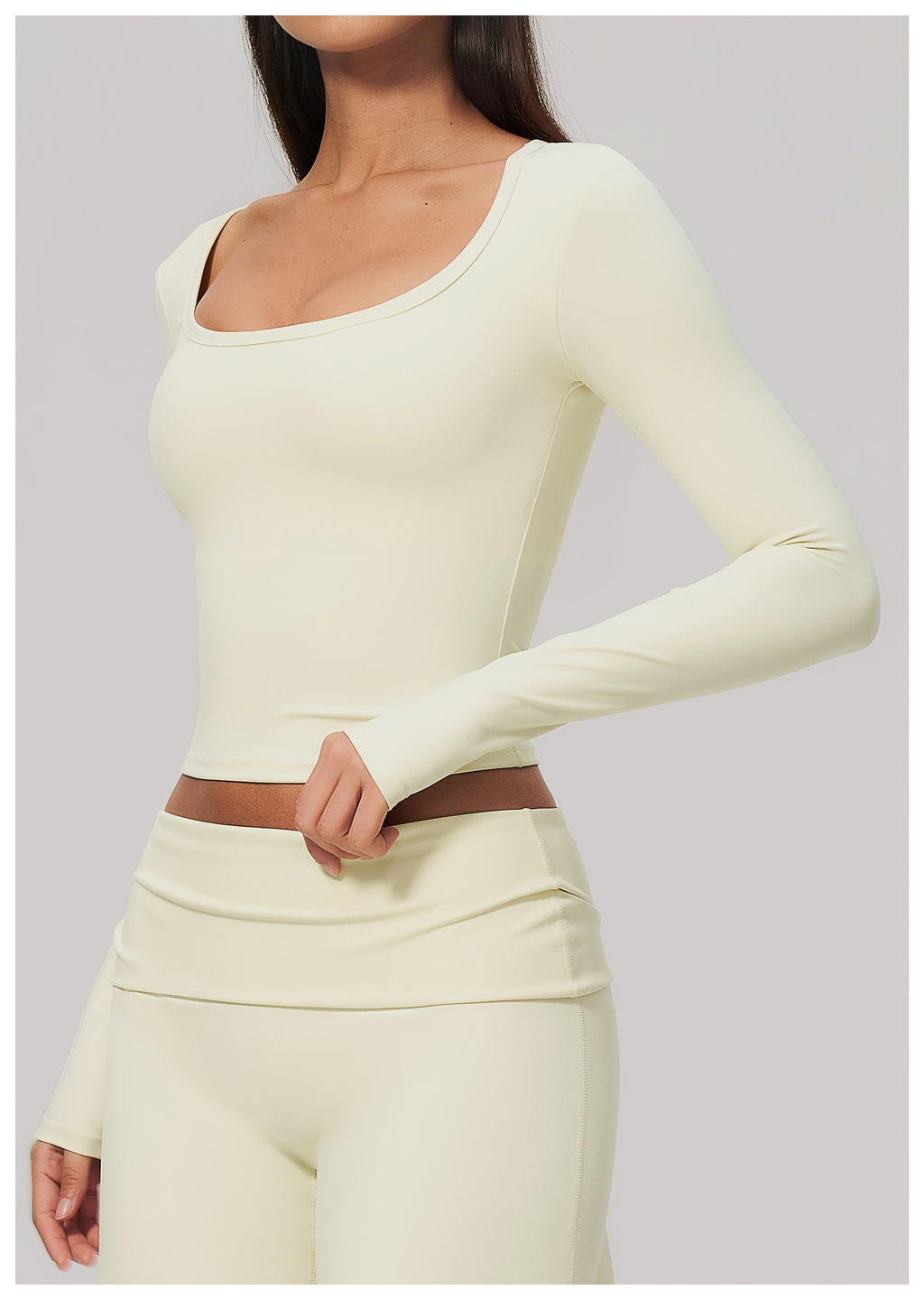 Women U Neck Long Sleeve Crop Yoga Top with Removable Padded
