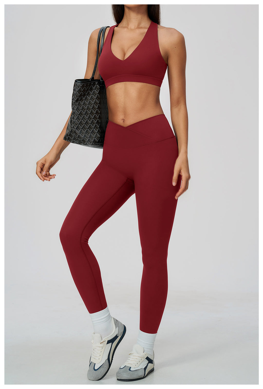 2 Piece Deep V-Neck Sports Bra and Cross Waist Yoga Leggings Set