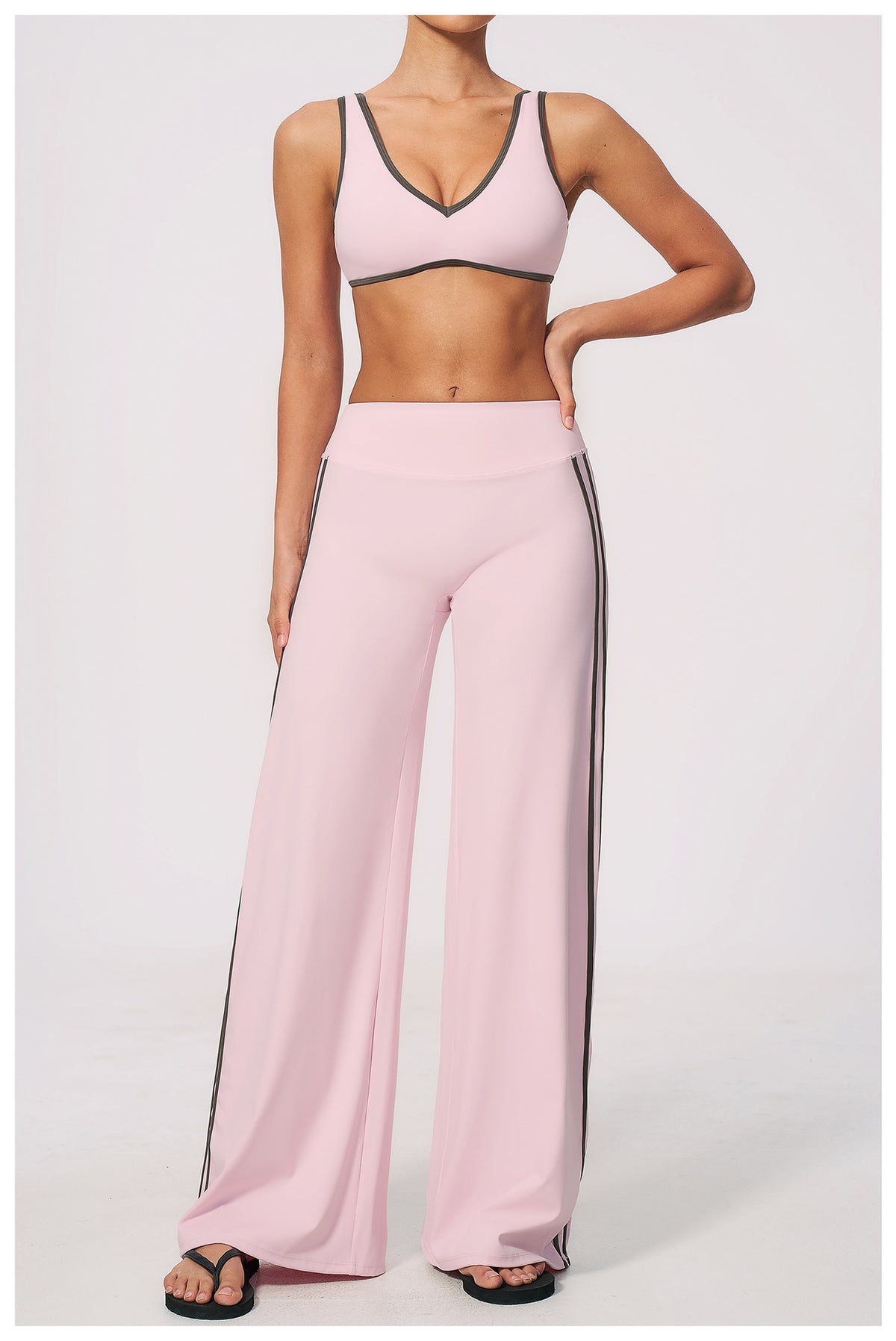 2 PCS Gym Set Women Contrast Color V Neck Backless Sports Bra and Contrast Side Stripe Fitness Sports Wide Leg Pants