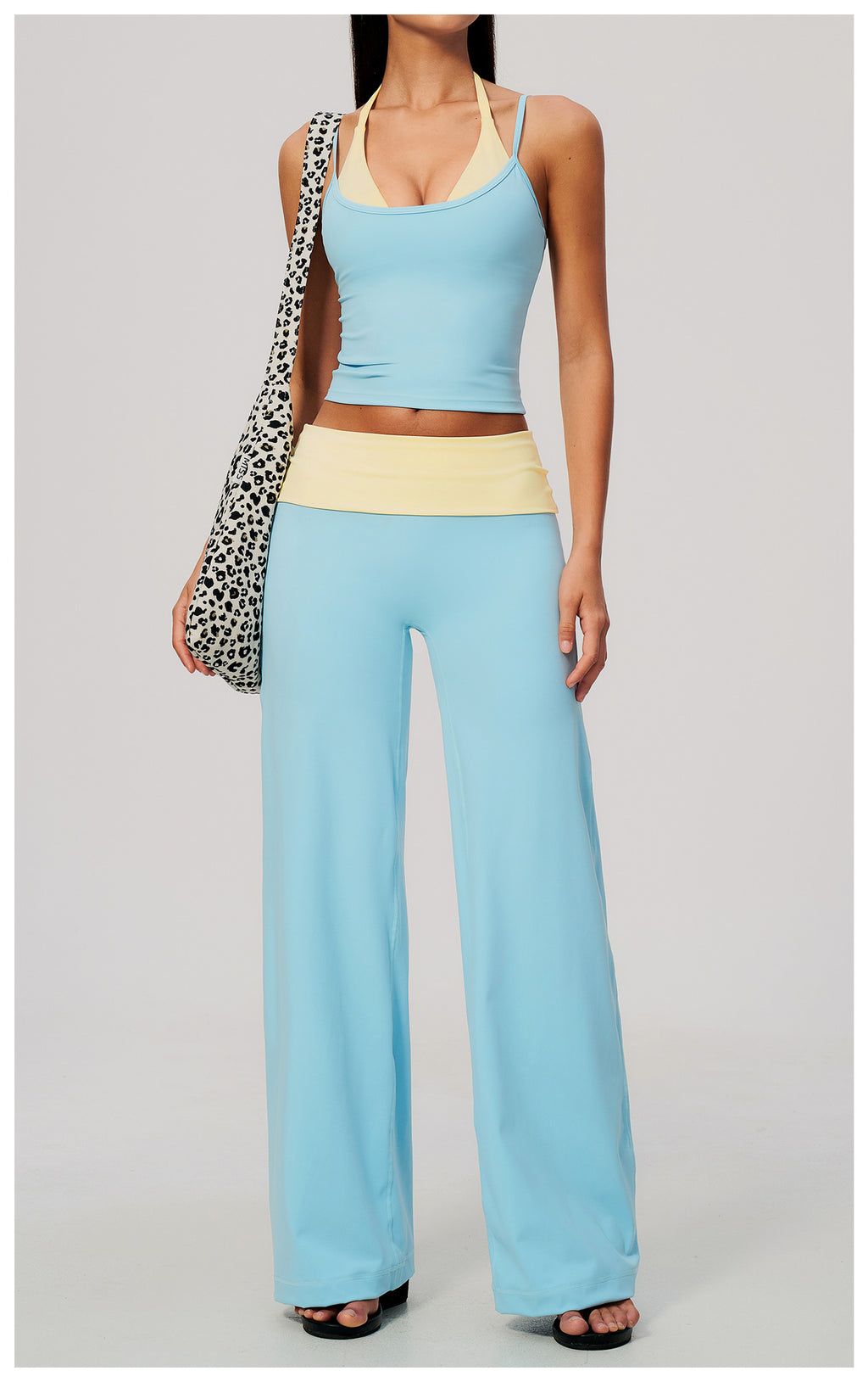2 Piece Colorblock Double Strap Halter Yoga Vest and Foldover Waist High-Rise Loose Wide Leg Yoga Pants Set