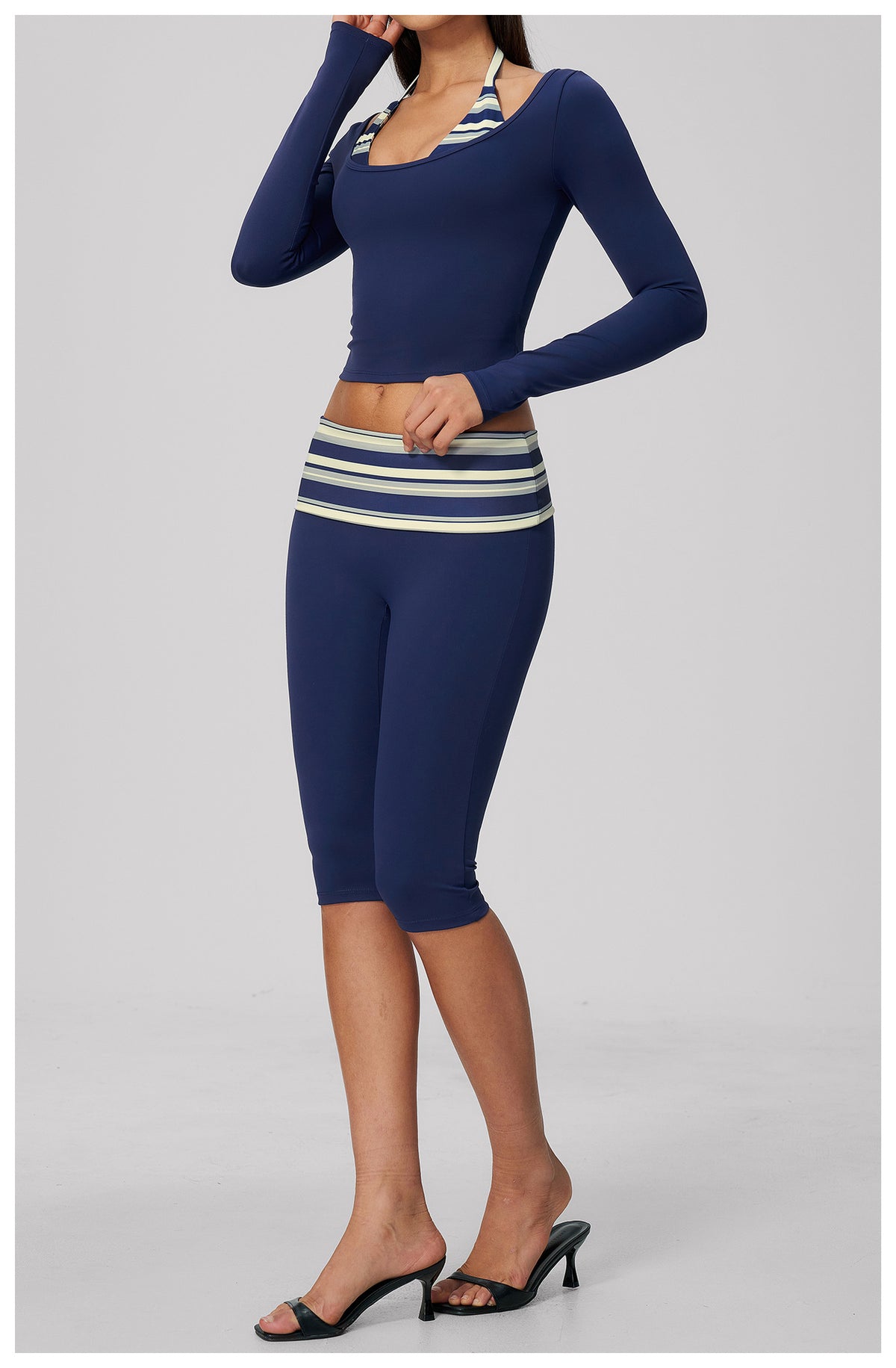 Women 2 Piece Yoga Set Halter Fake Two Piece Long Sleeve Yoga Top and Fold Over Striped Waist Capri Yoga Leggings