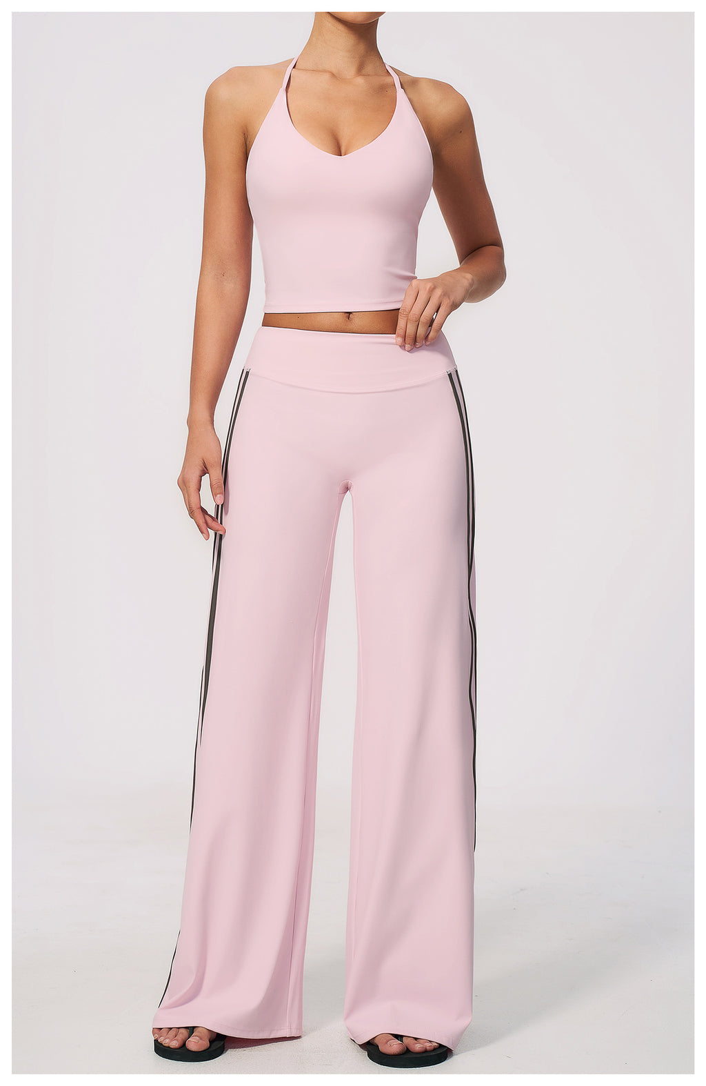 2 PCS Workout Set Women V Neck T-Back Halter Crop Tank Top and Contrast Side Stripe Fitness Sports Wide Leg Pants