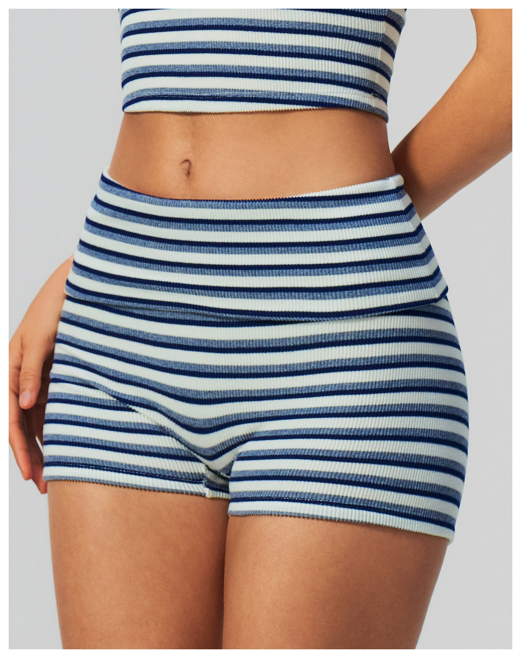 Women Ribbed Striped Fold Over High Waist Yoga Biker Shorts