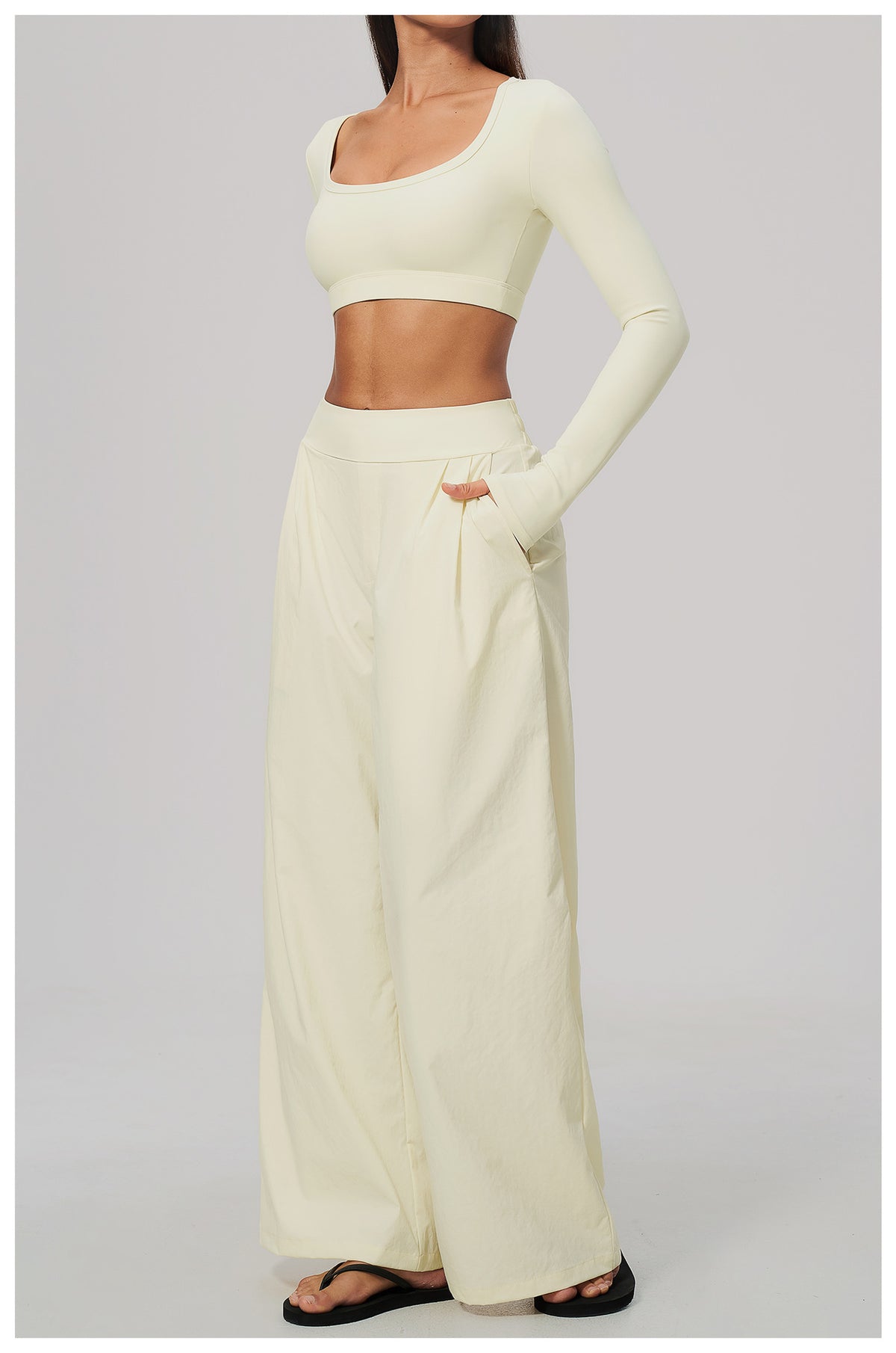 2 Piece Set Women U Neck Long Sleeve Short Workout Top with Removable Padded and High Waist Loose Casual Sports Wide Leg Pants