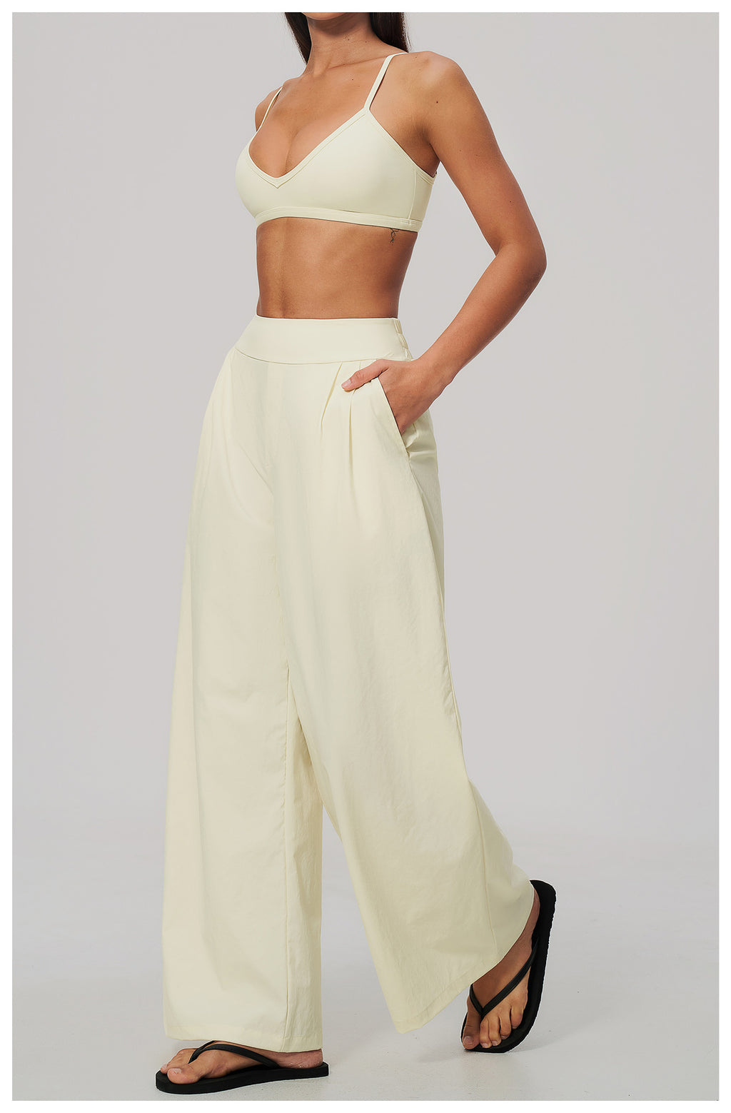 2 Piece Set Women V Neck Twist Back Adjustable Spaghetti Straps Sports Bra and High Waist Loose Casual Sports Wide Leg Pants