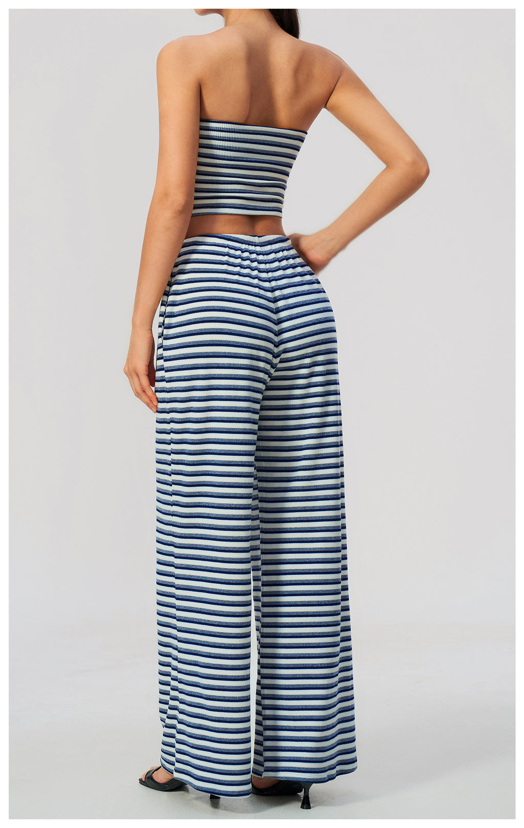 2 Piece Workout Loungewear Set Women Ribbed Striped Strapless Soft Tube Top and Elastic Drawstring Waist Wide Leg Pants with Pocket