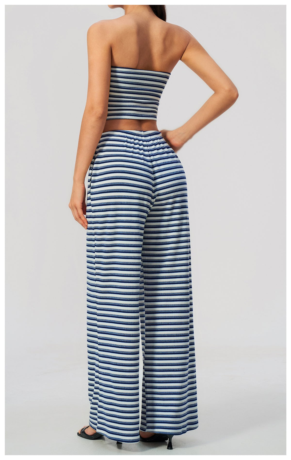 2 Piece Workout Loungewear Set Women Ribbed Striped Strapless Soft Tube Top and Elastic Drawstring Waist Wide Leg Pants with Pocket