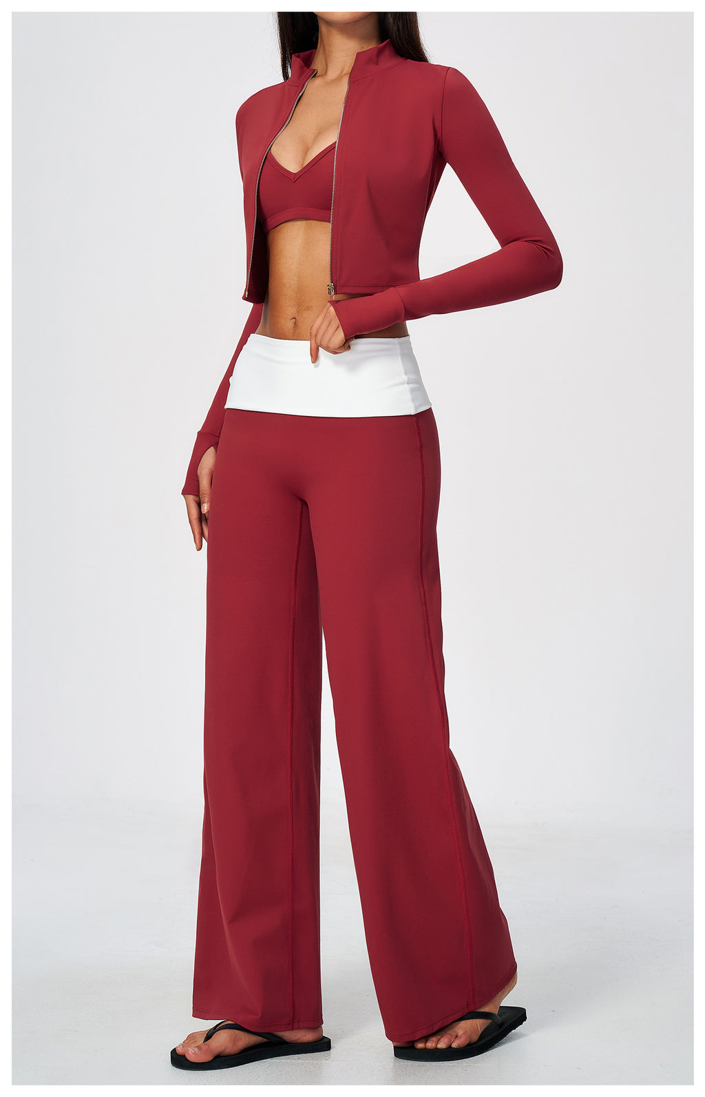 3 Piece Set Deep V-Neck Halter Thin Strap Backless Sports Bra and Stand Collar Full Zip Cropped Running Workout Jacket and High Waisted Wide Leg Yoga Athletic Pants