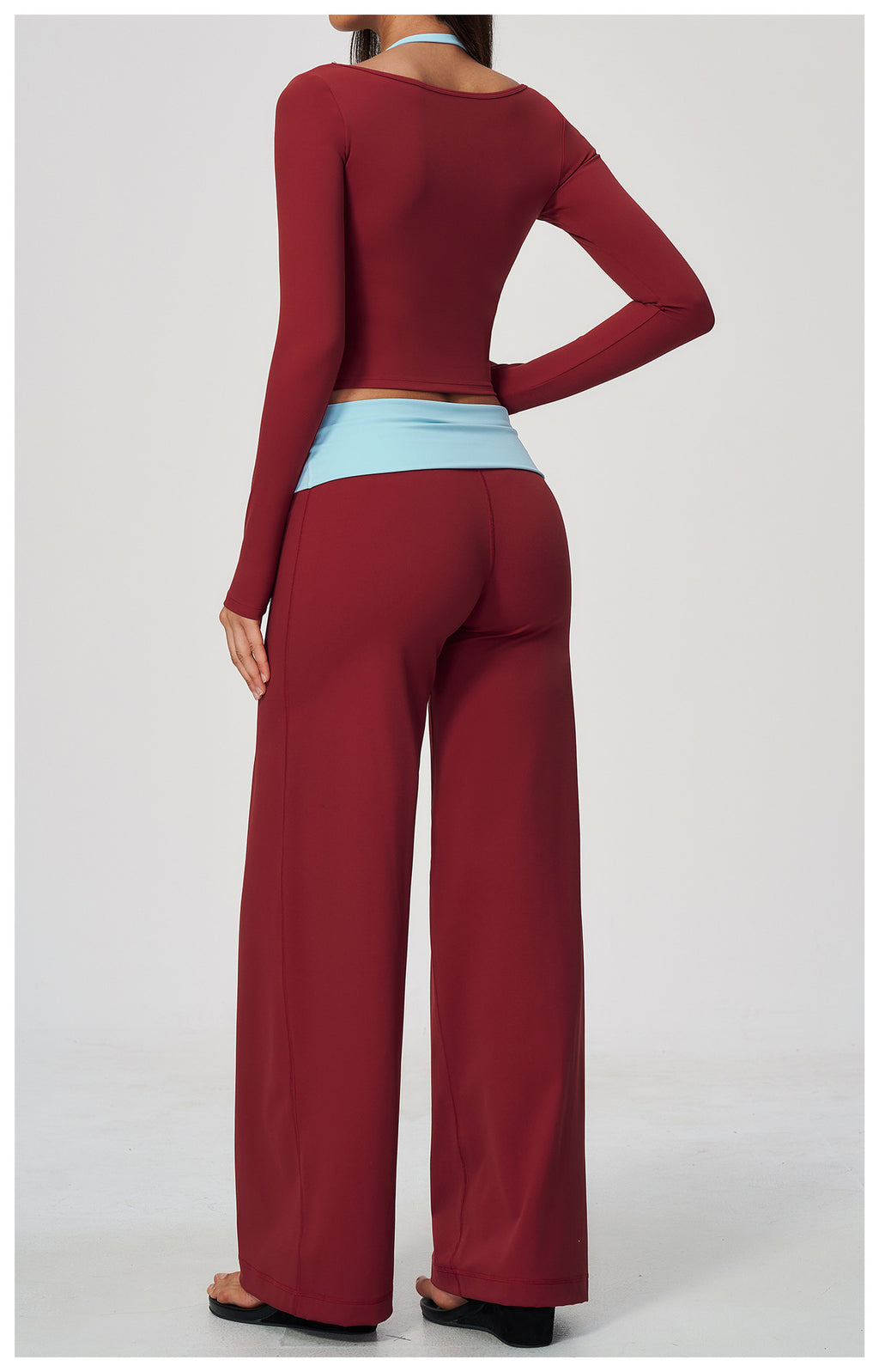 2 Piece Colorblock Double Strap Halter Long Sleeve Cropped Fitness Yoga Top and Foldover Waist High-Rise Loose Wide Leg Yoga Pants Set
