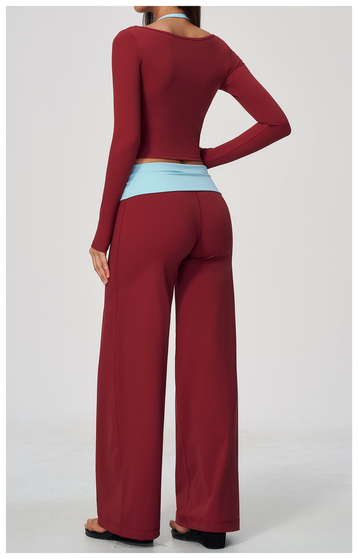 2 Piece Colorblock Double Strap Halter Long Sleeve Cropped Fitness Yoga Top and Foldover Waist High-Rise Loose Wide Leg Yoga Pants Set