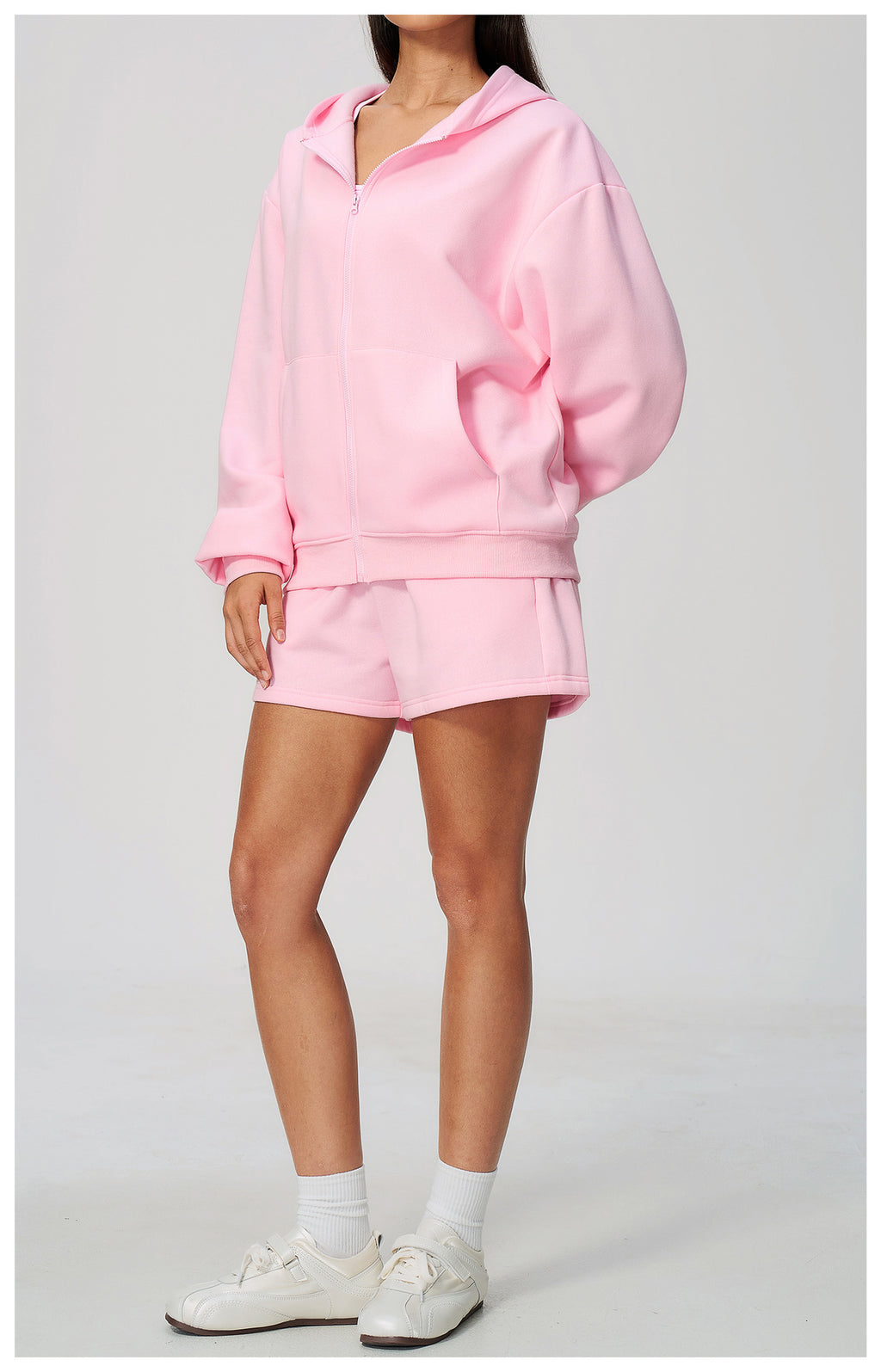 Women 2 Piece Fall Winter Tracksuits Fleece Lined Full Zip Oversized Hooded Jacket and Drawstring Waist Loose Sweat Shorts with Pocket