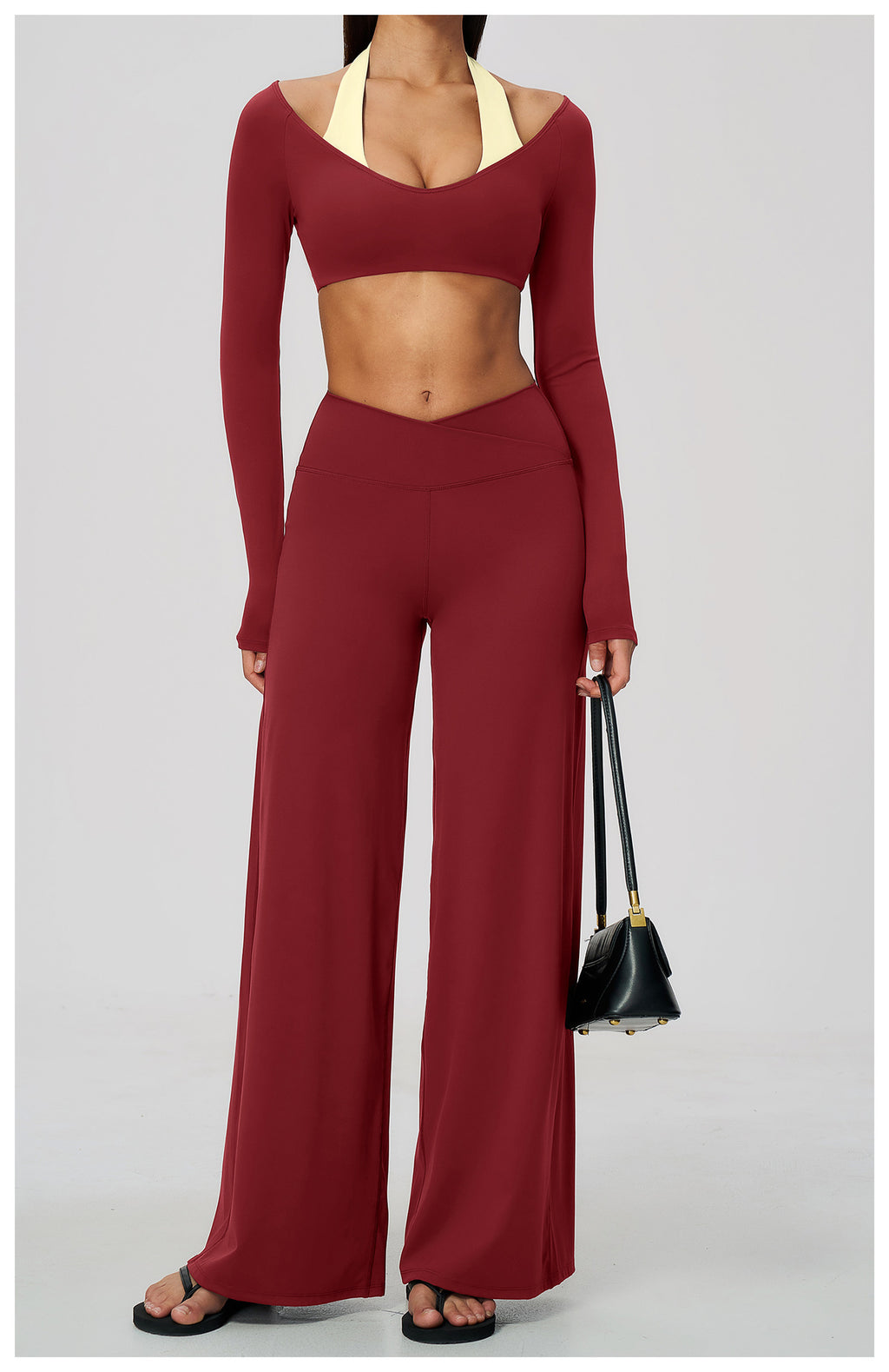 2 Piece Colorblock Halter Long Sleeve Cropped Yoga Top and Cross Waist Wide Leg Yoga Pants Set