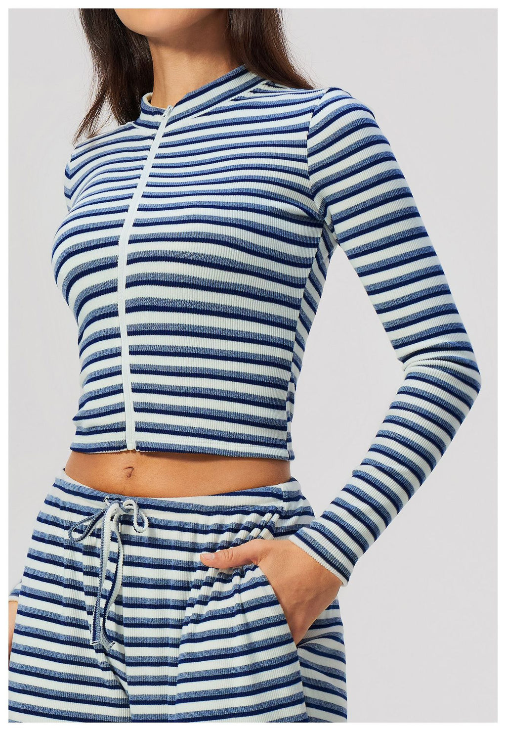 Women Ribbed Striped Stand Collar Long Sleeve Cropped Yoga Sports Zip up Jacket
