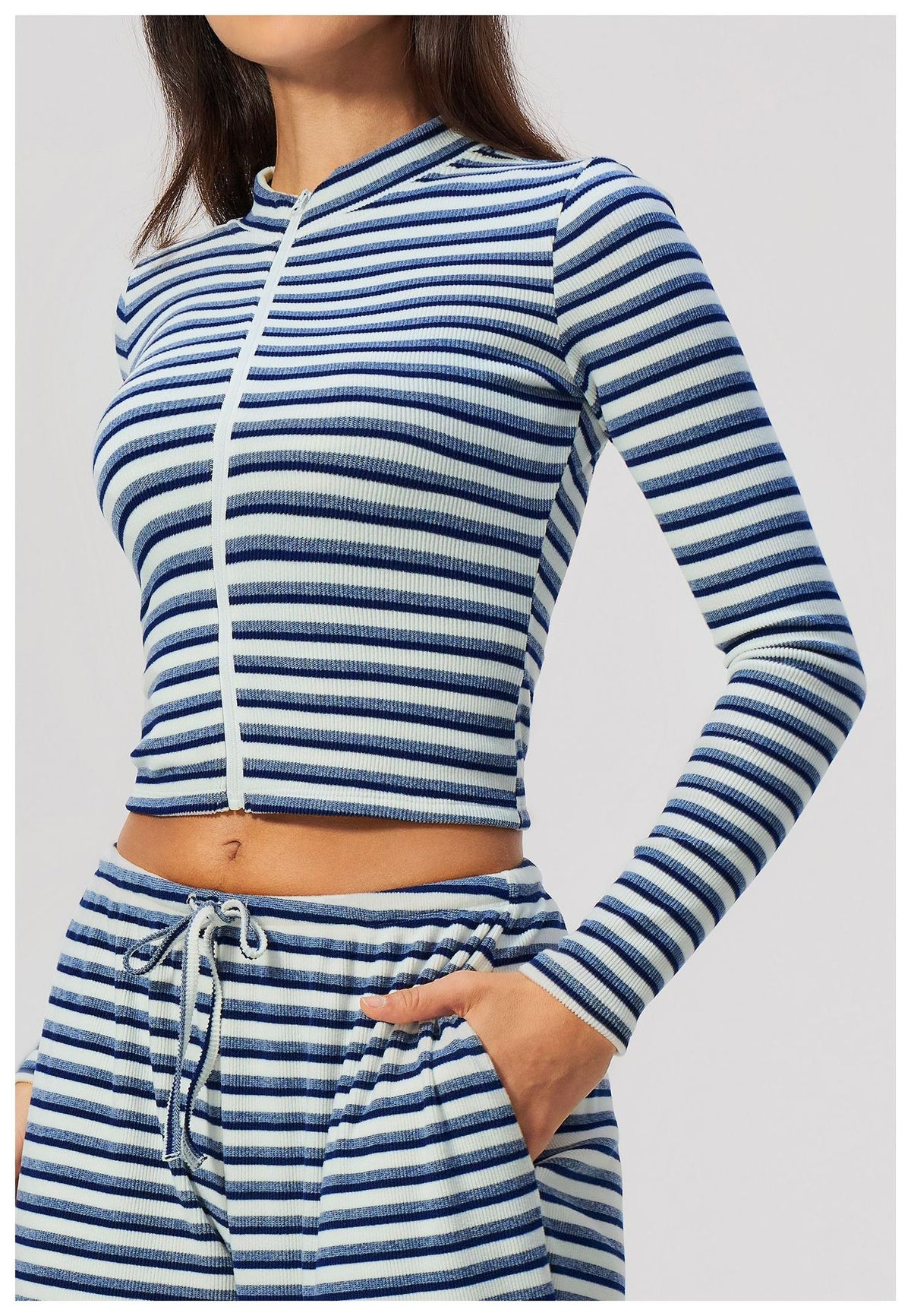 Women Ribbed Striped Stand Collar Long Sleeve Cropped Yoga Sports Zip up Jacket
