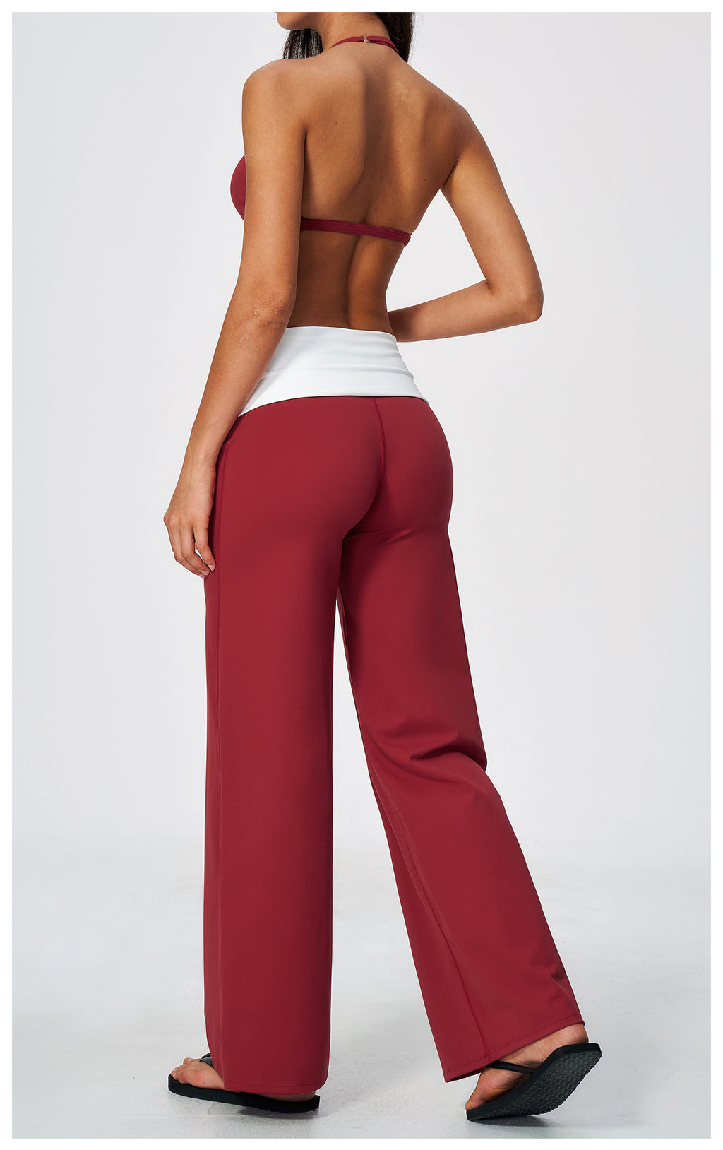 2 Piece Set Deep V-Neck Halter Thin Strap Backless Sports Bra and ColorBlock High Waisted Wide Leg Yoga Athletic Pants