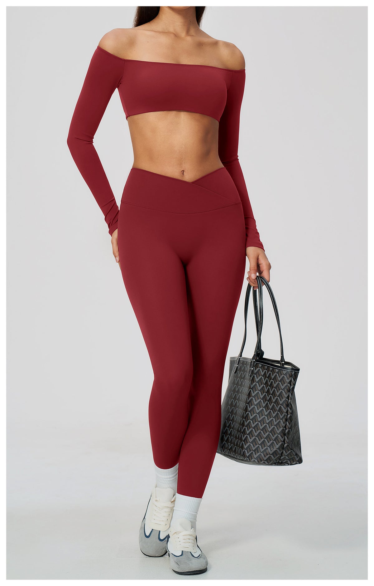 2 Piece Off-The-Shoulder Long Sleeve Crop Top and Cross Waist Yoga Leggings Set