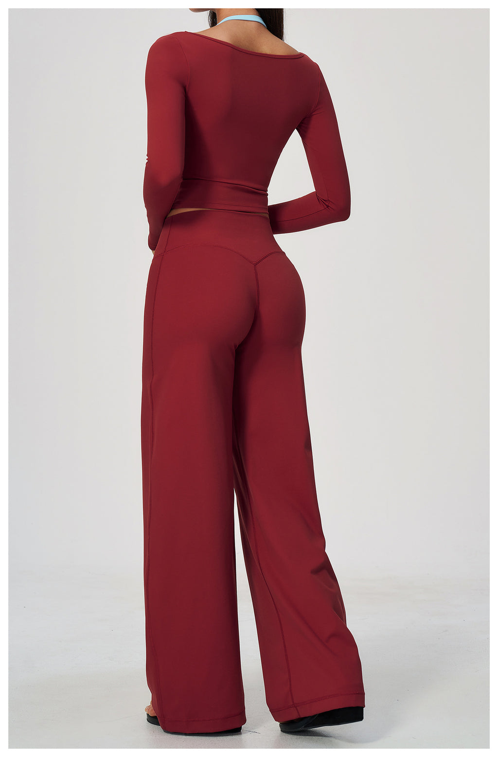 2 Piece Colorblock Double Strap Halter Long Sleeve Cropped Fitness Yoga Top and High Waisted Loose Fit Wide Leg Yoga Pants Set