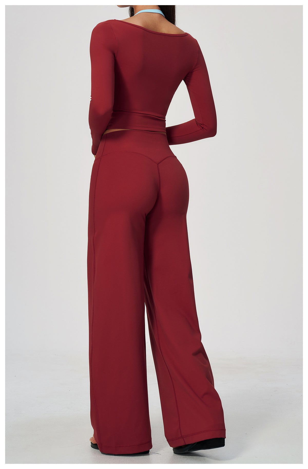 2 Piece Colorblock Double Strap Halter Long Sleeve Cropped Fitness Yoga Top and High Waisted Loose Fit Wide Leg Yoga Pants Set