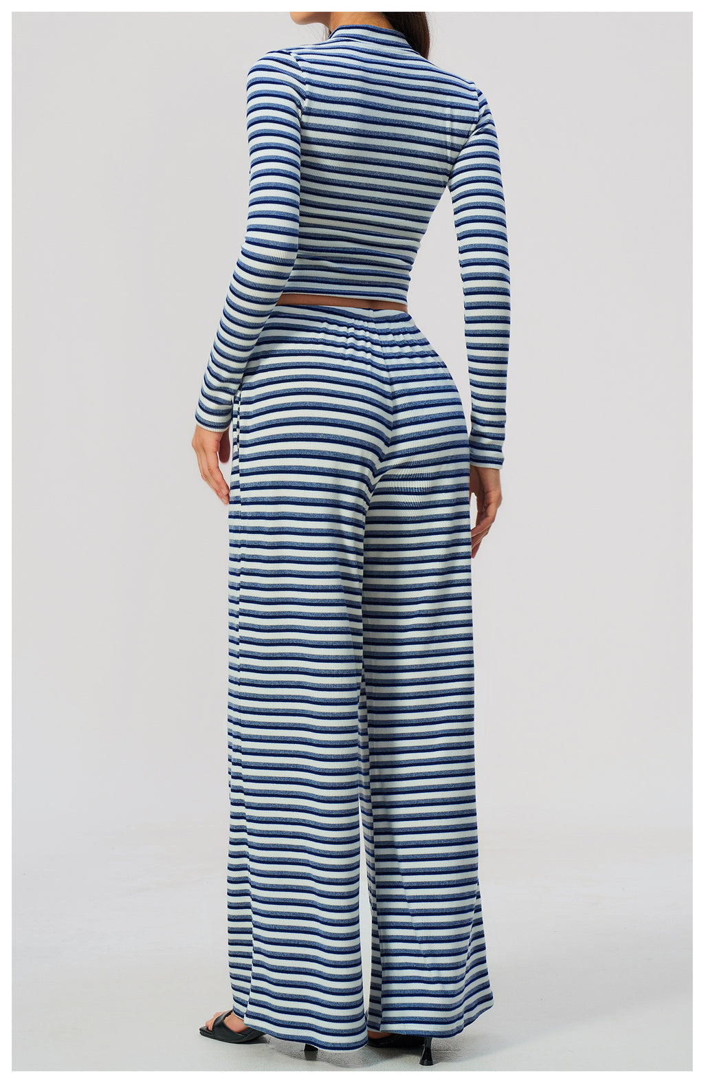 2 Piece Workout Loungewear Set Women Ribbed Striped Stand Collar Long Sleeve Cropped Zip up Jacket and Elastic Drawstring Waist Wide Leg Pants with Pocket