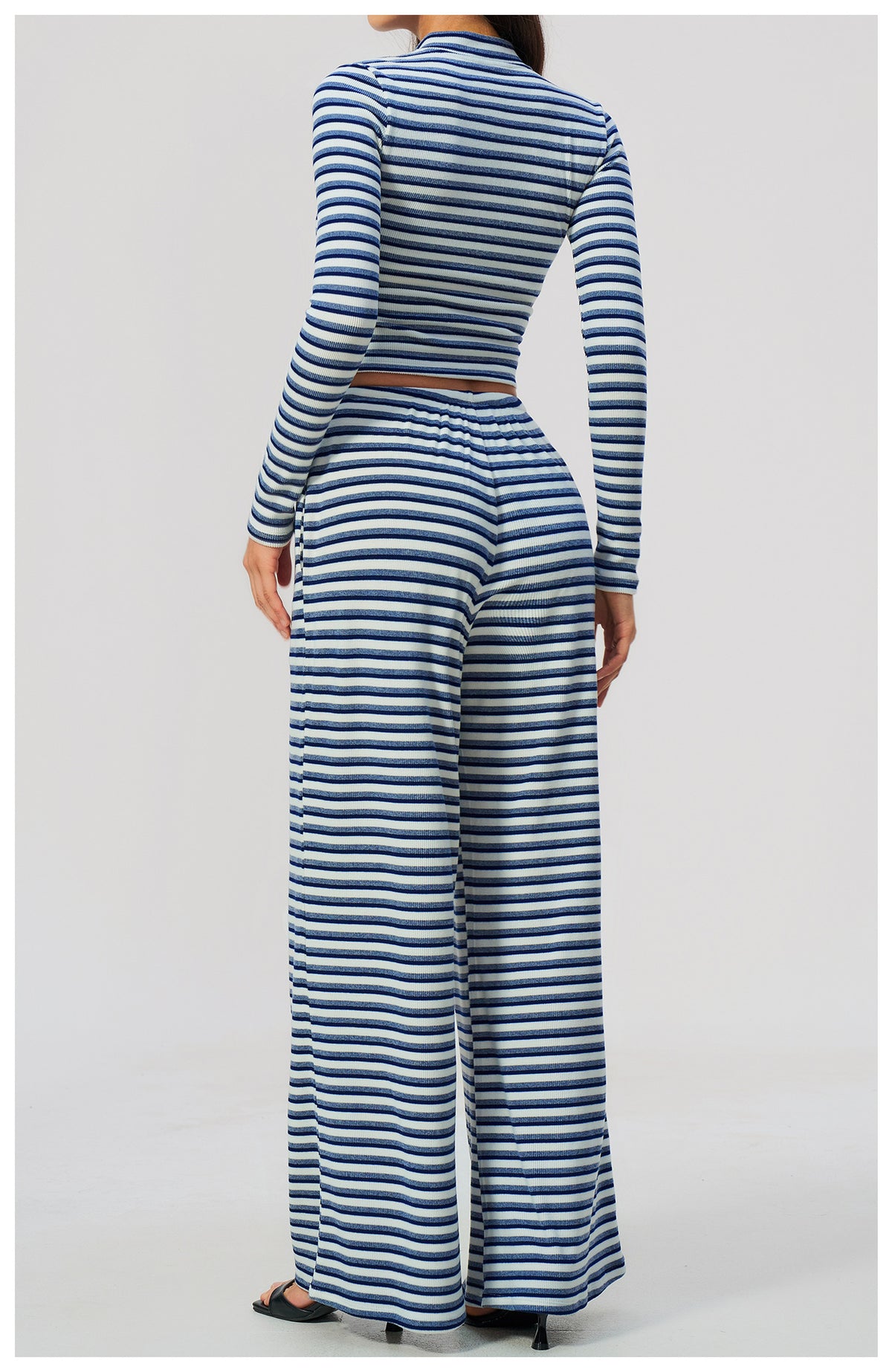 2 Piece Workout Loungewear Set Women Ribbed Striped Stand Collar Long Sleeve Cropped Zip up Jacket and Elastic Drawstring Waist Wide Leg Pants with Pocket