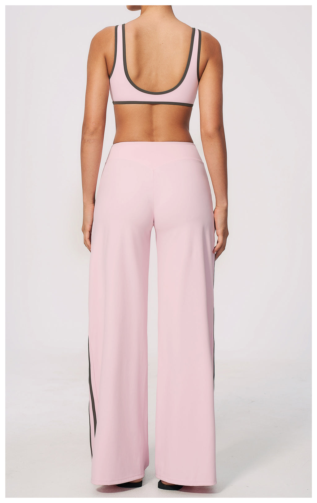 2 PCS Gym Set Women Contrast Color V Neck Backless Sports Bra and Contrast Side Stripe Fitness Sports Wide Leg Pants