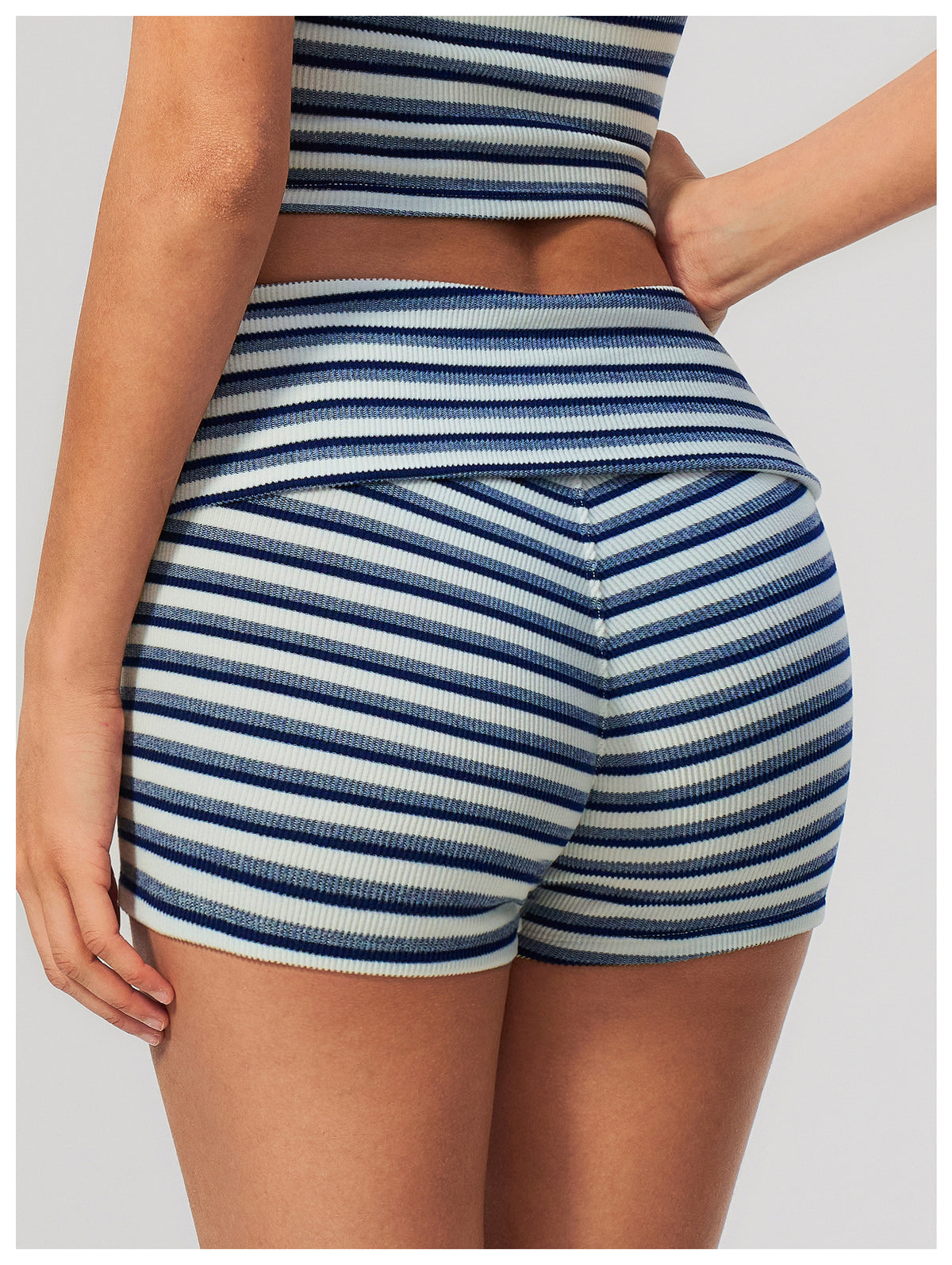 Women Ribbed Striped Fold Over High Waist Yoga Biker Shorts
