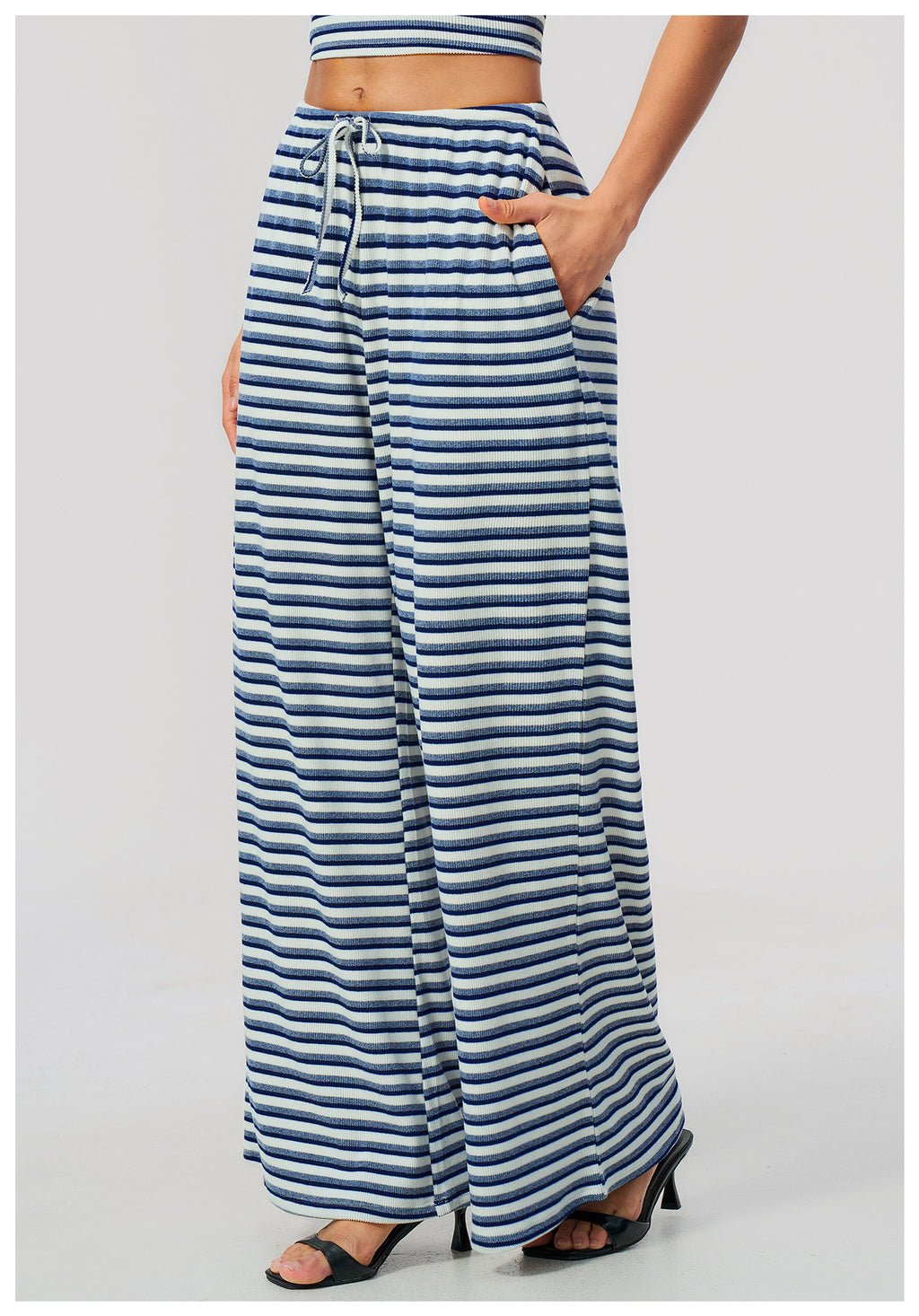Women Ribbed Striped Wide Leg Pants Elastic Drawstring Waist Casual Loose Trousers With Pockets