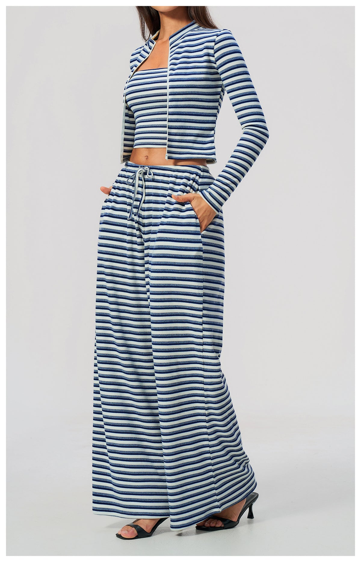 3 Piece Striped Yoga Set Long Sleeve Zip up Jacket Strapless Soft Tube Top Elastic Drawstring Waist Wide Leg Pants Workout Outfit Gym Running Sports Activewear Set