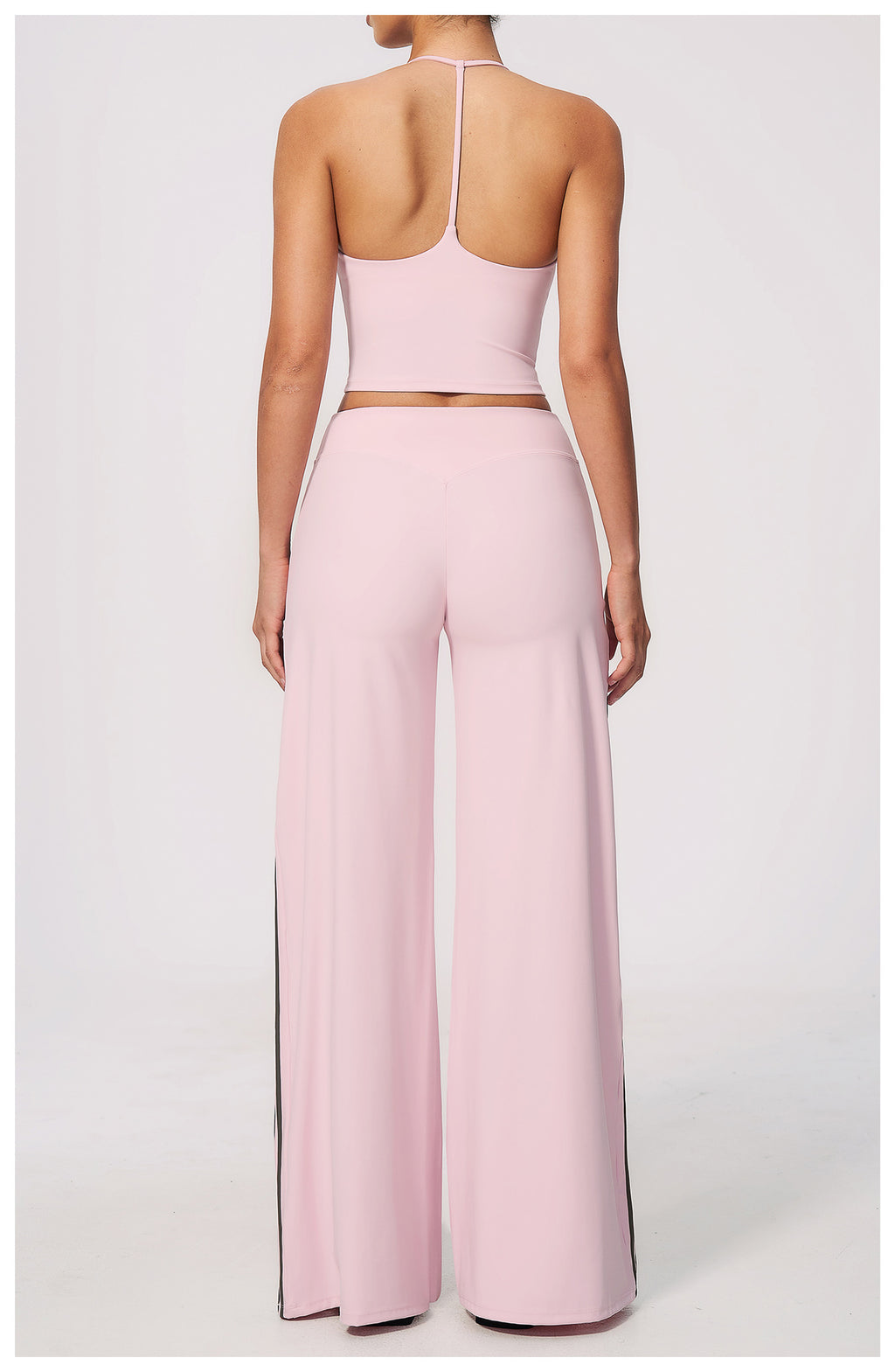 2 PCS Workout Set Women V Neck T-Back Halter Crop Tank Top and Contrast Side Stripe Fitness Sports Wide Leg Pants