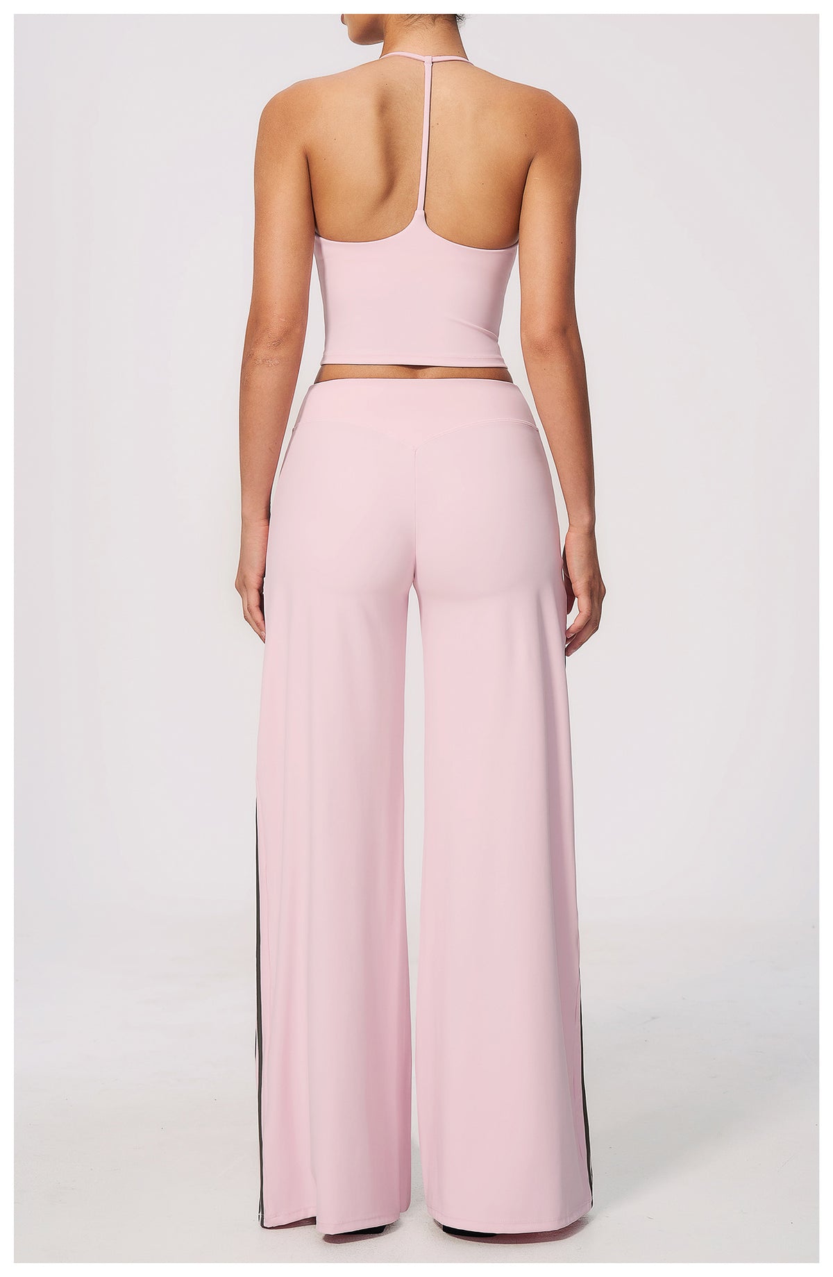 2 PCS Workout Set Women V Neck T-Back Halter Crop Tank Top and Contrast Side Stripe Fitness Sports Wide Leg Pants