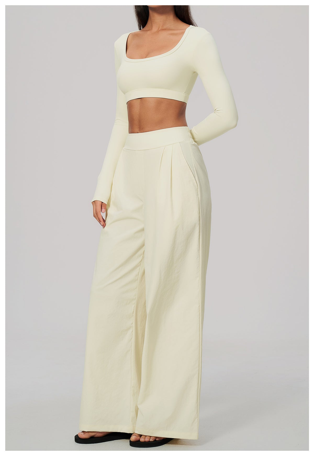 2 Piece Set Women U Neck Long Sleeve Short Workout Top with Removable Padded and High Waist Loose Casual Sports Wide Leg Pants
